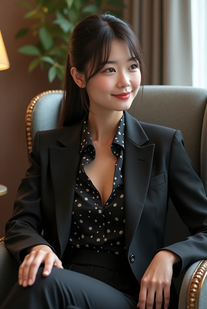 Pure young Japanese girl, wearing dark color classical suits and skirts, (panty), (pantyhose), vivid makeup, natural black hair styles, sitting in antique gothic style rooms, sweet smile, secret temptations, professional portrait photography,