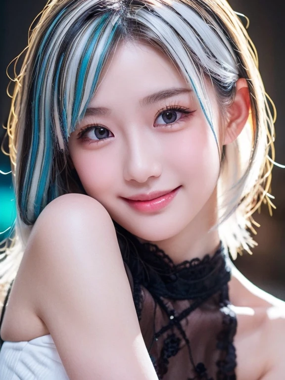 (((Head to knee photo))), 1. Idol Girl, break, (Hime cut) hair, (((white! hair))), break, ((Aquamarine Highlights) hair), break, (K Fashion) Lace Sexy Dress, The body is slim, (big) , Mischievous Smile,  A sharp and focused face, Slim face, Detailed eyes, Detailed lips, Highly detailed face, Strong black eyeshadow, Dark black eyeliner, Long eyelashes, break, Looking at the audience, The girl is in a sexy pose、head slightly tilted, break, Vibrant colors, Warm lighting,Panty shot、Protruding nipples medium hair, 赤hair, 