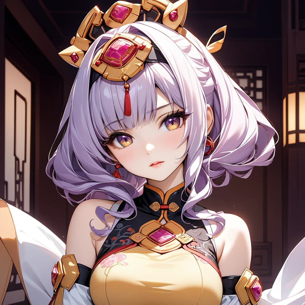 ((Highest quality)), ((masterpiece)), (detailed), （Perfect Face）、The woman has light purple hair in Extia Magica、The woman is wearing a gorgeous Chinese dress