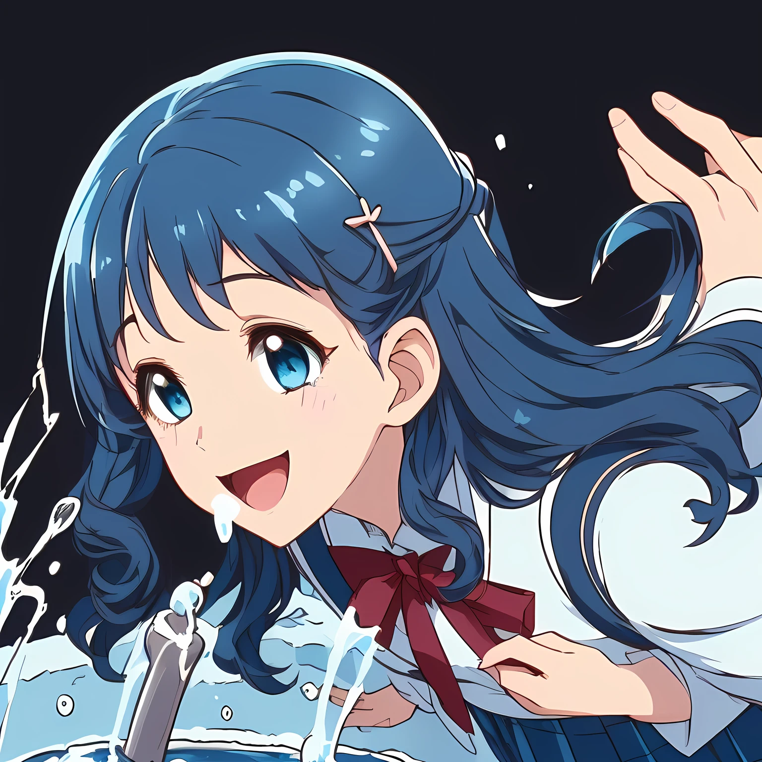 (highest quality, masterpiece, Full HD, High definition, High saturation and contrast to enhance female beauty: 1.2), (Japanese Game CG art of beautiful giggling noble elegant girl is drinking splashing milk from Splashing Milk Fountain, charming me elegantly, Noble Elegant: 1.3), (Just one very beautiful date-game noble heroine who is looking and laughing at me, Very detailed cute noble 15yo heroine's noble eyes and face, Beautiful giggling eyes with detailed: 1.4), (Super-long bottom-eyelashes: 1.2), (Girl whom everyone loves because of her beauty and lovely winter fashion and noble manner and mind of evil succubus and magical-charm of evil succubus: 1.0), (Very beautiful, wavy, cutely super-super-long dark-dark-blue-dark-blue hair, with elegant hair ribbons, spreading on whole the screen: 1.3), (Laughing very beautiful and sapphire-blue mature intelligent cute-eyes which charms and enslave me inevitably, with clearly detailed: 1.4), (Eyes are clearly detailed), (very long eyelashes: 1.0), (Noble full-black neat sailor-styled noble winter-version school uniform with a noble expensive glossy red ribbon on the chest: 1.2), (Charming neat blue & navy tartan-checkered pleated long winter school skirt: 1.5), (Soprano singer of classic music: 1.0), (Can't stop giggling: 1.6), Clear skin, (Nothing except black background: 1.5), dark-blue hair, shot from side