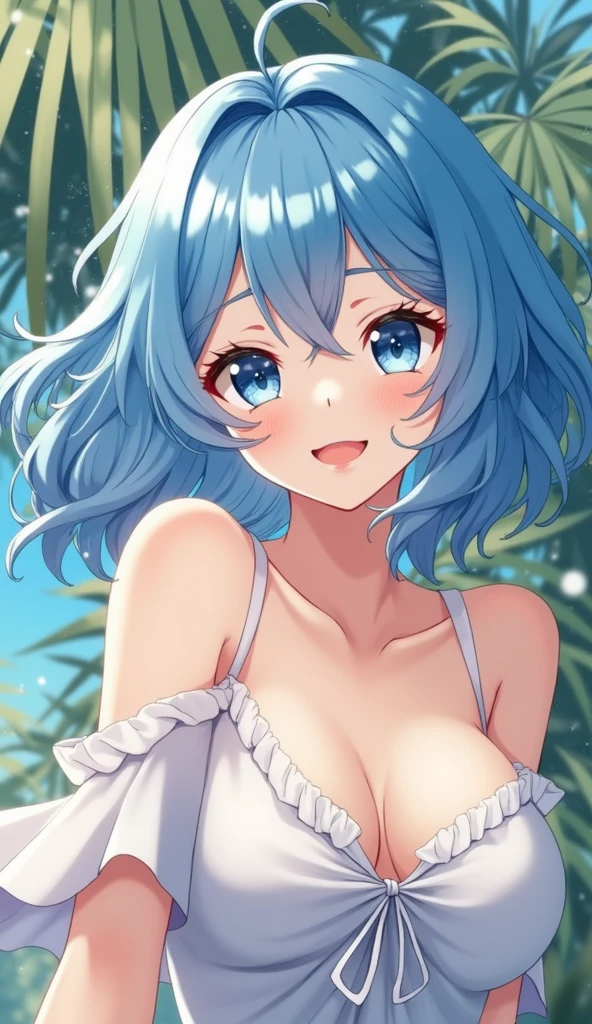 One Girl、Light blue hair、High Ponytail、Face close-up、Swimwear、Hibiscus blooms in profusion