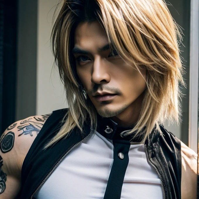 1 man, male, Japanese man, Visual Kai hairstyle, ultra detailed face and body, hyperrealistic, realistic representation, muscular, broad shoulders, tattoos gothic style, Visual Kei style, hairstyle Visual Kei, blond, long hair, 30 years old, age 30, outfit gothic , men's shirt and black pants, Asian eyes, eyes, Visual Kei hairstyle 