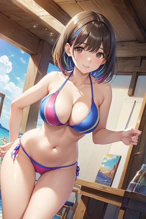 masterpiece, absurdres , (intricate details), (colorful),cinematic lighting,bust shot,extremely detailed CG unity 8k wallpaper,tenten\(shippuden\), 1girl, solo, large  breasts, forehead protector, konohagakure symbol, headband, looking at viewer, poolside, (white tank top), ripped jeans, midriff, standing, (blushing), hands behind head, cleavage, (wide open mouth),