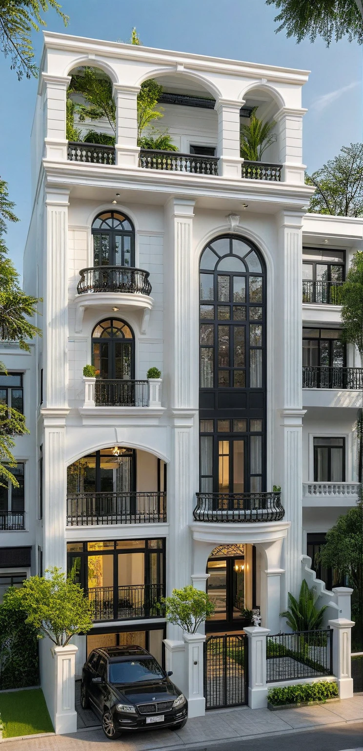 neo classical villa on street, (daylight), tropical tree, vivid colour, streetcapes, white tone, black detail, white wall, large glass door, warm interior lighting, best quality, masterpiece, ultra realistic