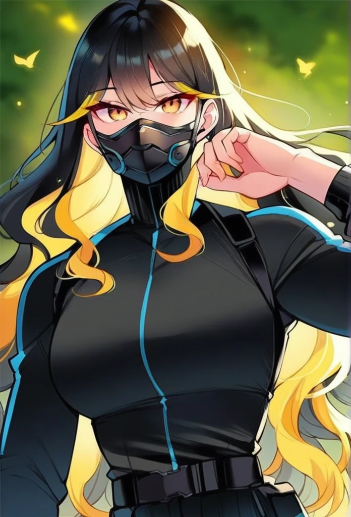 juder_style, score_9, score_8_up, score_7_up, score_6_up, score_5_up, score_4_up, hd, (ultra hd quality details), 8K, 1girl, long hair, Hourglass body, yellow eyes, black hair, yellow highlights, 2d illustration, wavy hair, forest, black tactical outfit, black mask
