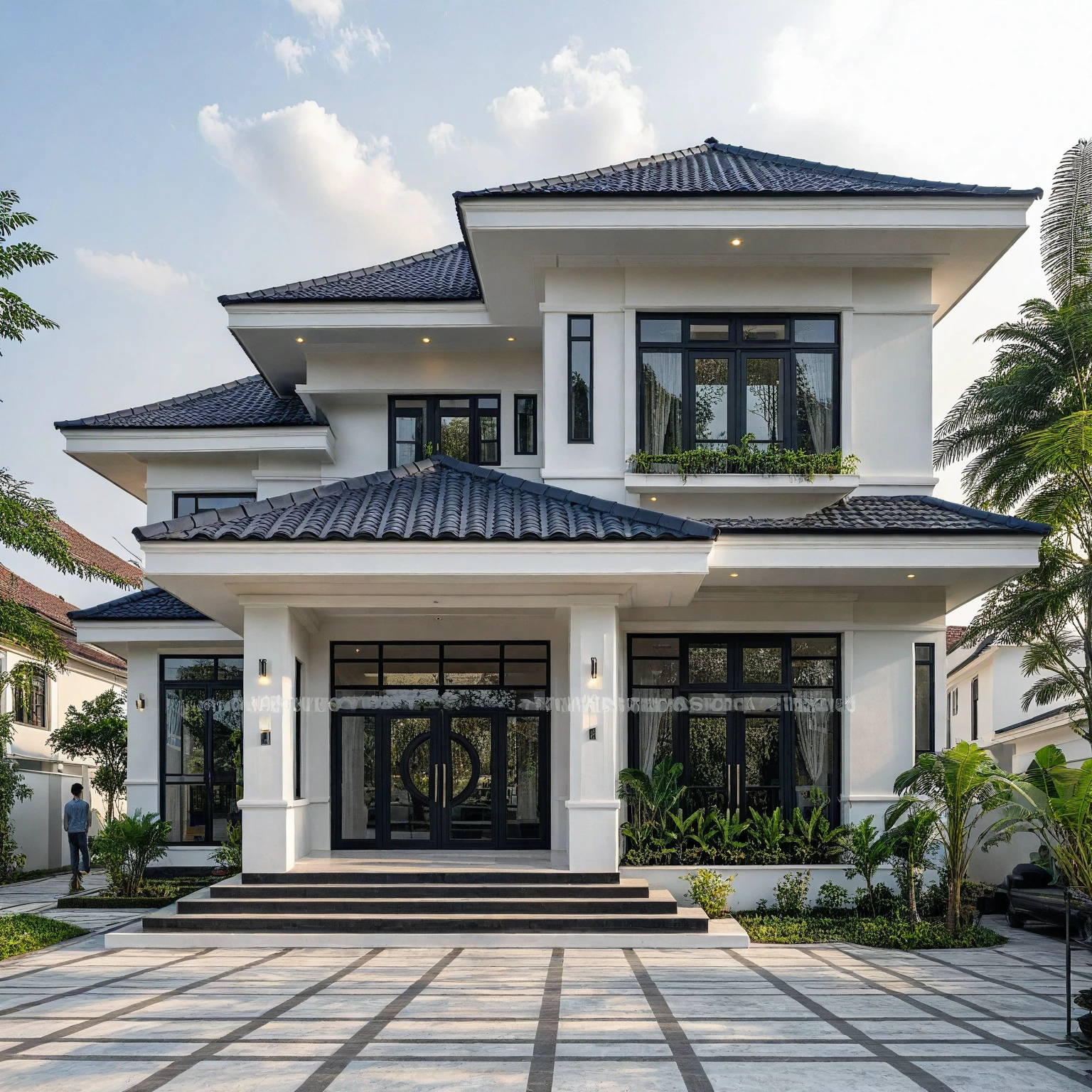 (masterpiece:1.2), best quality, photo of A two-story modern house in VietNam with white walls and dark tiles on the roof., tree and plant environment,daylight, streetcapes, natural light, vivid color, The exterior of an elegant single family home features large windows, a dark gray door frame.