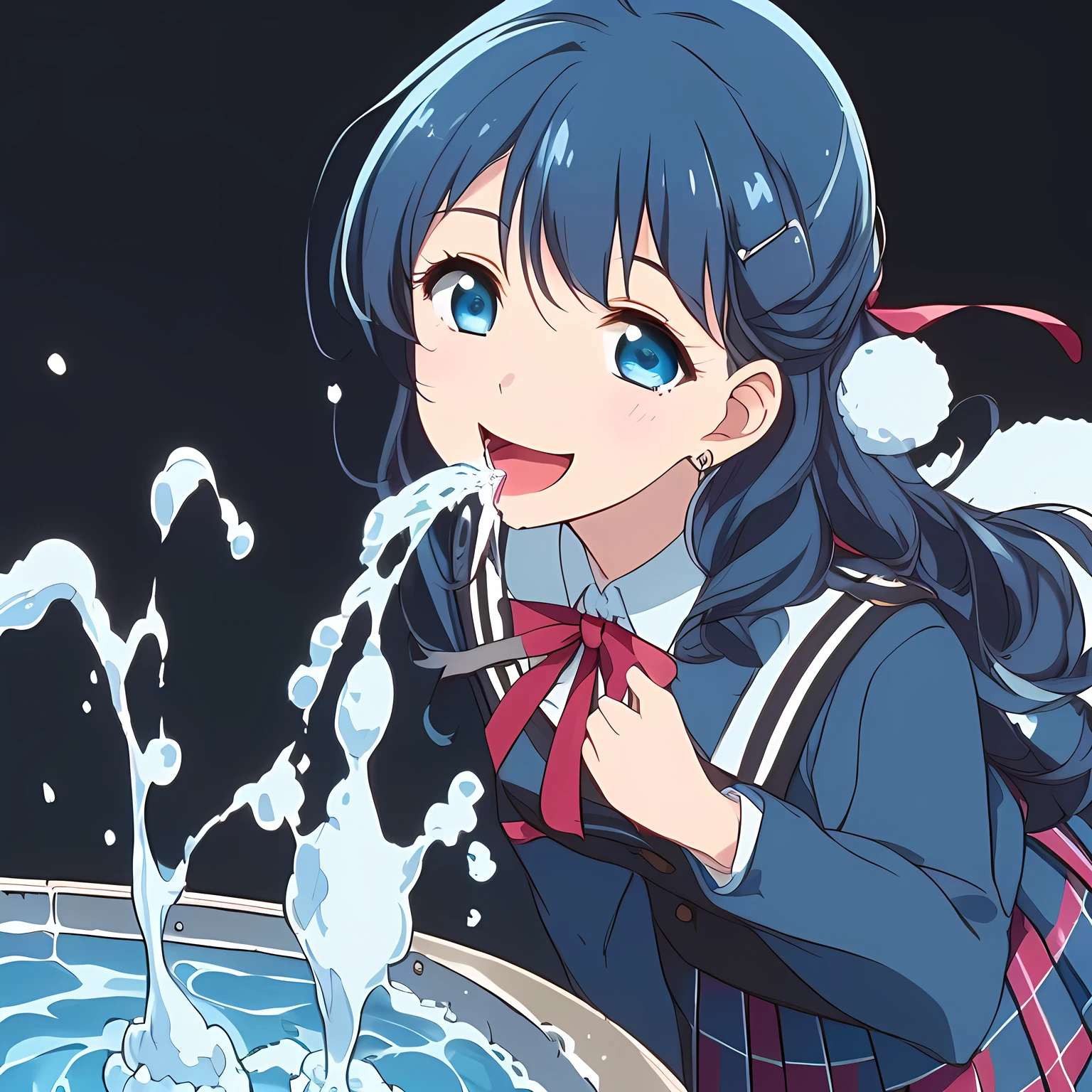 (highest quality, masterpiece, Full HD, High definition, High saturation and contrast to enhance female beauty: 1.2), (Japanese Game CG art of beautiful giggling noble elegant girl is drinking splashing delicious much milk with her mouth from Splashing Milk Fountain, charming me elegantly, Noble Elegant: 1.3), (Just one very beautiful date-game noble heroine who is looking and laughing at me, Very detailed cute noble **** heroine's noble eyes and face, Beautiful giggling eyes with detailed: 1.4), (Super-long bottom-eyelashes: 1.2), (Girl whom everyone loves because of her beauty and lovely winter fashion and noble manner and mind of evil succubus and magical-charm of evil succubus: 1.0), (Very beautiful, wavy, cutely super-super-long dark-dark-blue-dark-blue hair, with elegant hair ribbons, spreading on whole the screen: 1.3), (Laughing very beautiful and sapphire-blue mature intelligent cute-eyes which charms and enslave me inevitably, with clearly detailed: 1.4), (Eyes are clearly detailed), (very long eyelashes: 1.0), (Noble full-black neat sailor-styled noble winter-version school uniform with a noble expensive glossy red ribbon on the chest: 1.2), (Charming neat blue & navy tartan-checkered pleated long winter school skirt: 1.5), (Soprano singer of classic music: 1.0), (Can't stop giggling: 1.6), Clear skin, (Nothing except black background: 1.5), dark-blue hair, shot from side