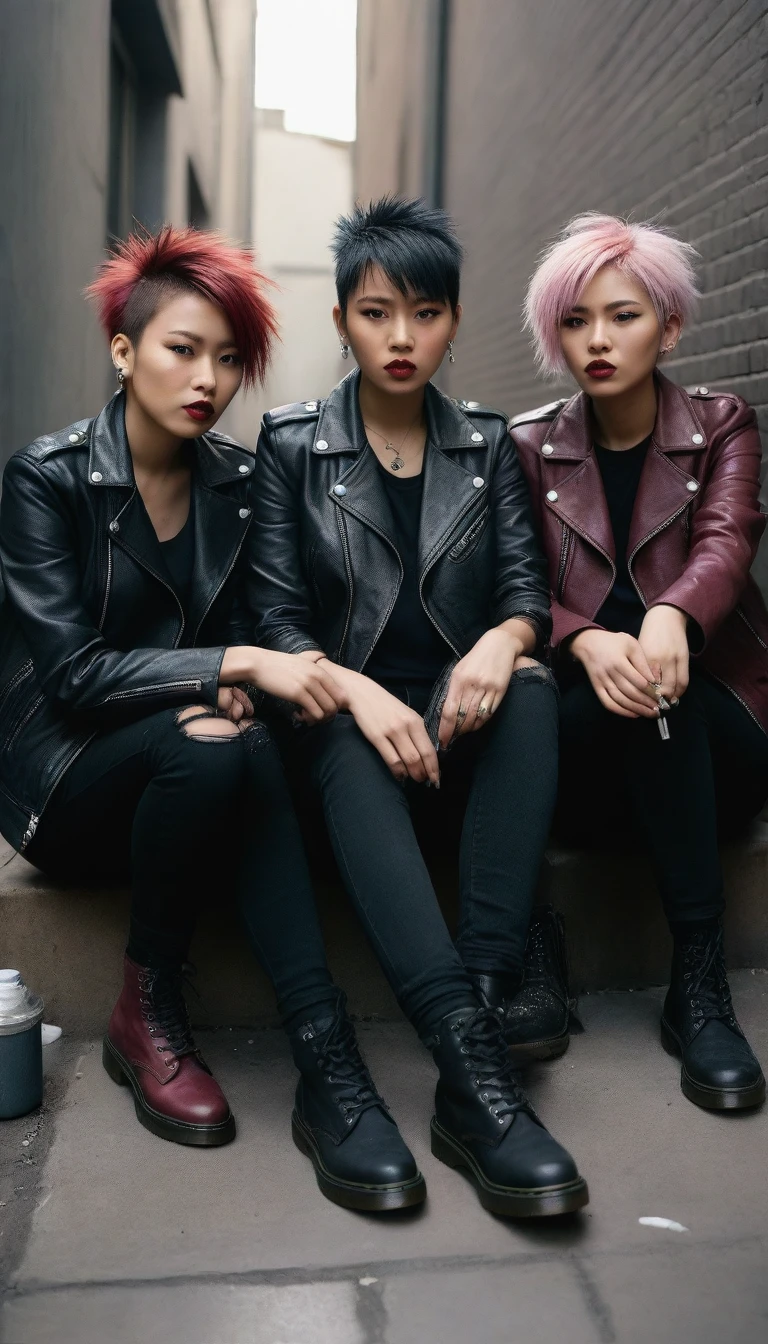 Three Asian punk women, each radiating their own fierce individuality, are seated on the gritty pavement of a dimly lit back alley street. Clad in spiked leather jackets, slight loose black band T-shirts, and ripped jeans, they wear Dr. Martens boots that define their bold, rebellious style. Each woman sports a unique color palette—one in deep black, another in rich maroon, and the third blending both colors. They sit casually, their expressions fierce and unyielding, each taking a drag from a cigarette while holding a bottle of Carlsberg beer. The scene is steeped in a surreal atmosphere, bathed in a muted color palette that evokes a dreamlike quality, softened by natural, gentle light that contrasts with the hard edges of their attire and the rough textures of the urban environment