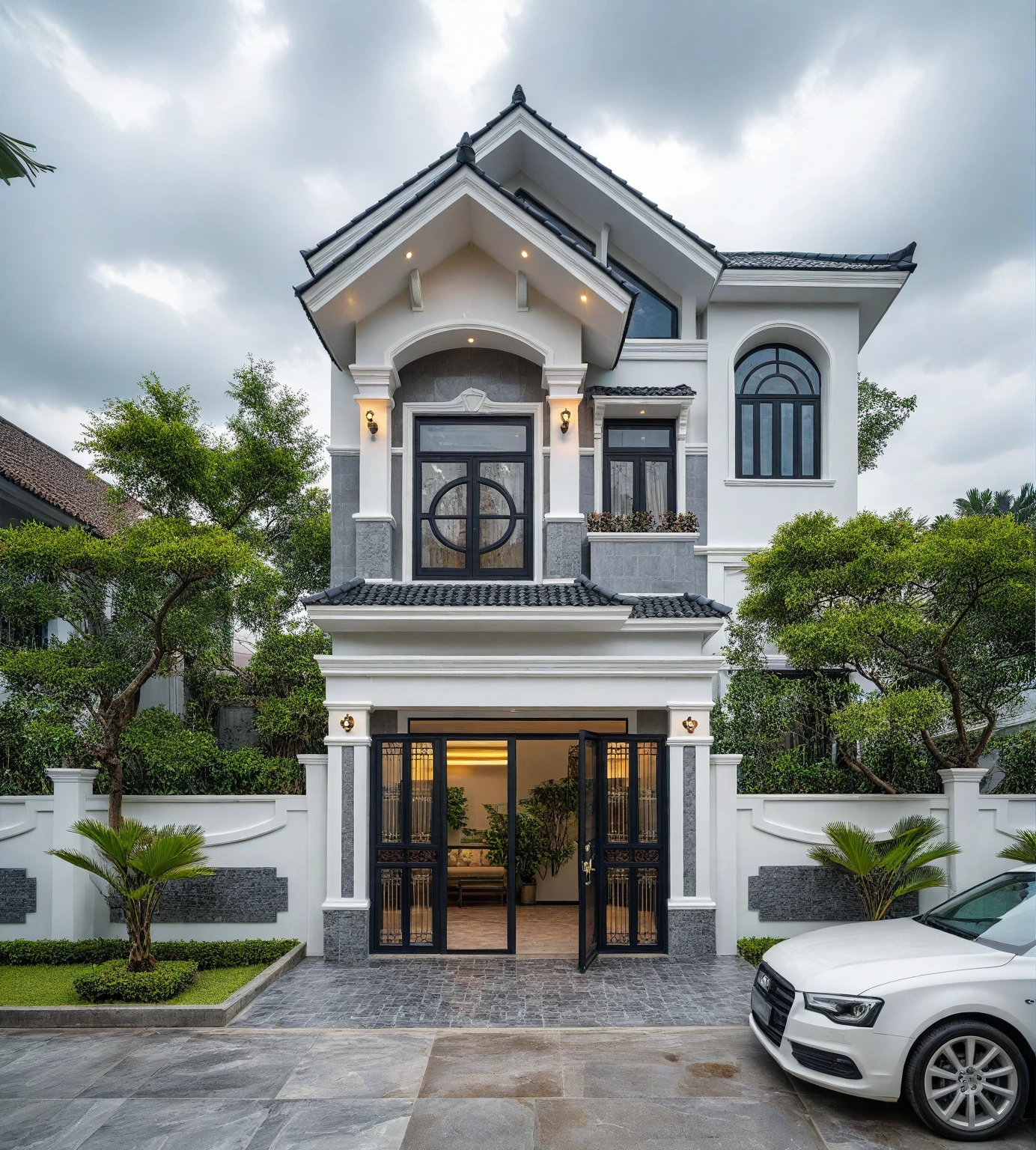 (bright image), A double story modern style house in the middle of Vietnam, (dark grnite tiled wall),(classic detail), simple and elegant architecture with white walls on top half and grey tiles roof, large windows with, entrance door is white with arched shape, bonsai trees, wide tile stone courtyard, professional photography, daylight, natural light, high resolution photography, (best quality, ultra realistic, masterpiece:1.15)