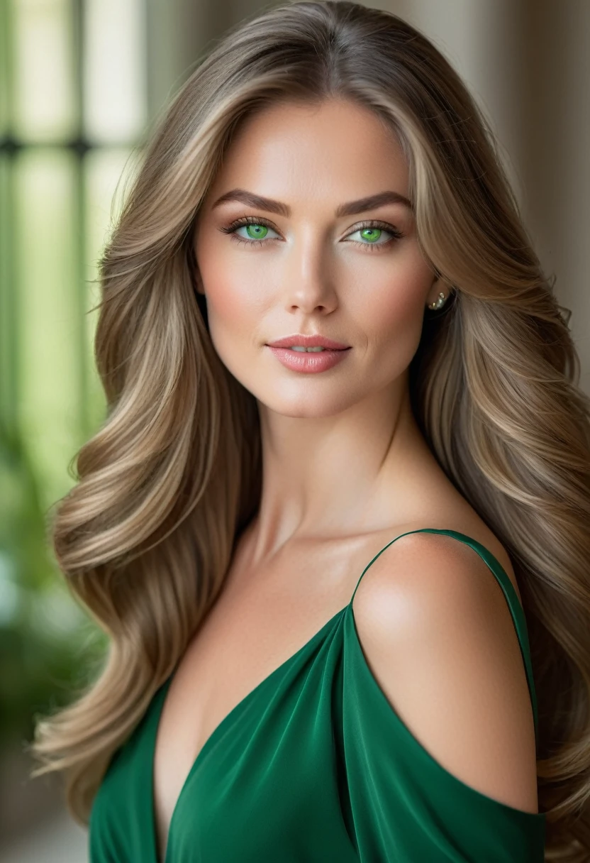 Create an image of a confident woman exuding elegance and charm, with flowing hair and striking green eyes. She should be posed in a soft, natural light setting, wearing a stylish yet understated outfit that enhances her allure. The background should be a subtle blend of colors to ensure the focus remains on her captivating expression.