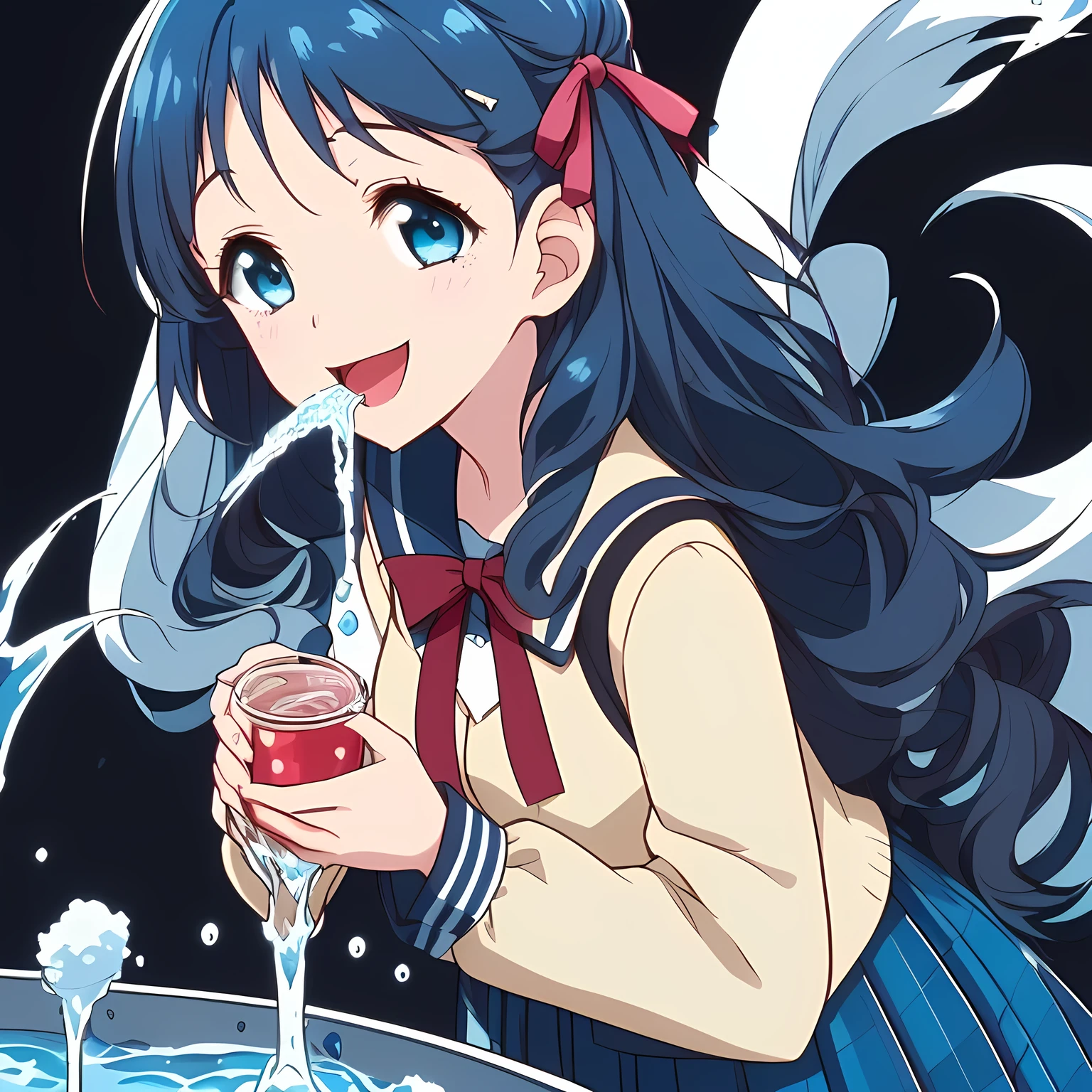 (highest quality, masterpiece, Full HD, High definition, High saturation and contrast to enhance female beauty: 1.2), (Japanese Game CG art of beautiful giggling noble elegant girl is drinking splashing delicious much milk with her mouth from Splashing Milk Fountain, charming me elegantly, Noble Elegant: 1.3), (Just one very beautiful date-game noble heroine who is looking and laughing at me, Very detailed cute noble 15yo heroine's noble eyes and face, Beautiful giggling eyes with detailed: 1.4), (Super-long bottom-eyelashes: 1.2), (Girl whom everyone loves because of her beauty and lovely winter fashion and noble manner and mind of evil succubus and magical-charm of evil succubus: 1.0), (Very beautiful, wavy, cutely super-super-long dark-dark-blue-dark-blue hair, with elegant hair ribbons, spreading on whole the screen: 1.3), (Laughing very beautiful and sapphire-blue mature intelligent cute-eyes which charms and enslave me inevitably, with clearly detailed: 1.4), (Eyes are clearly detailed), (very long eyelashes: 1.0), (Noble full-black neat sailor-styled noble winter-version school uniform with a noble expensive glossy red ribbon on the chest: 1.2), (Charming neat blue & navy tartan-checkered pleated long winter school skirt: 1.5), (Soprano singer of classic music: 1.0), (Can't stop giggling: 1.6), Clear skin, (Nothing except black background: 1.5), dark-blue hair, shot from side