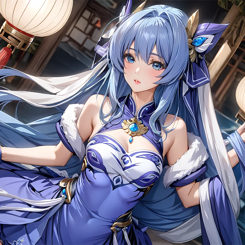 ((Highest quality)), ((masterpiece)), (detailed), （Perfect Face）、The woman is Extia and has blue hair.、The woman is wearing a gorgeous Chinese dress