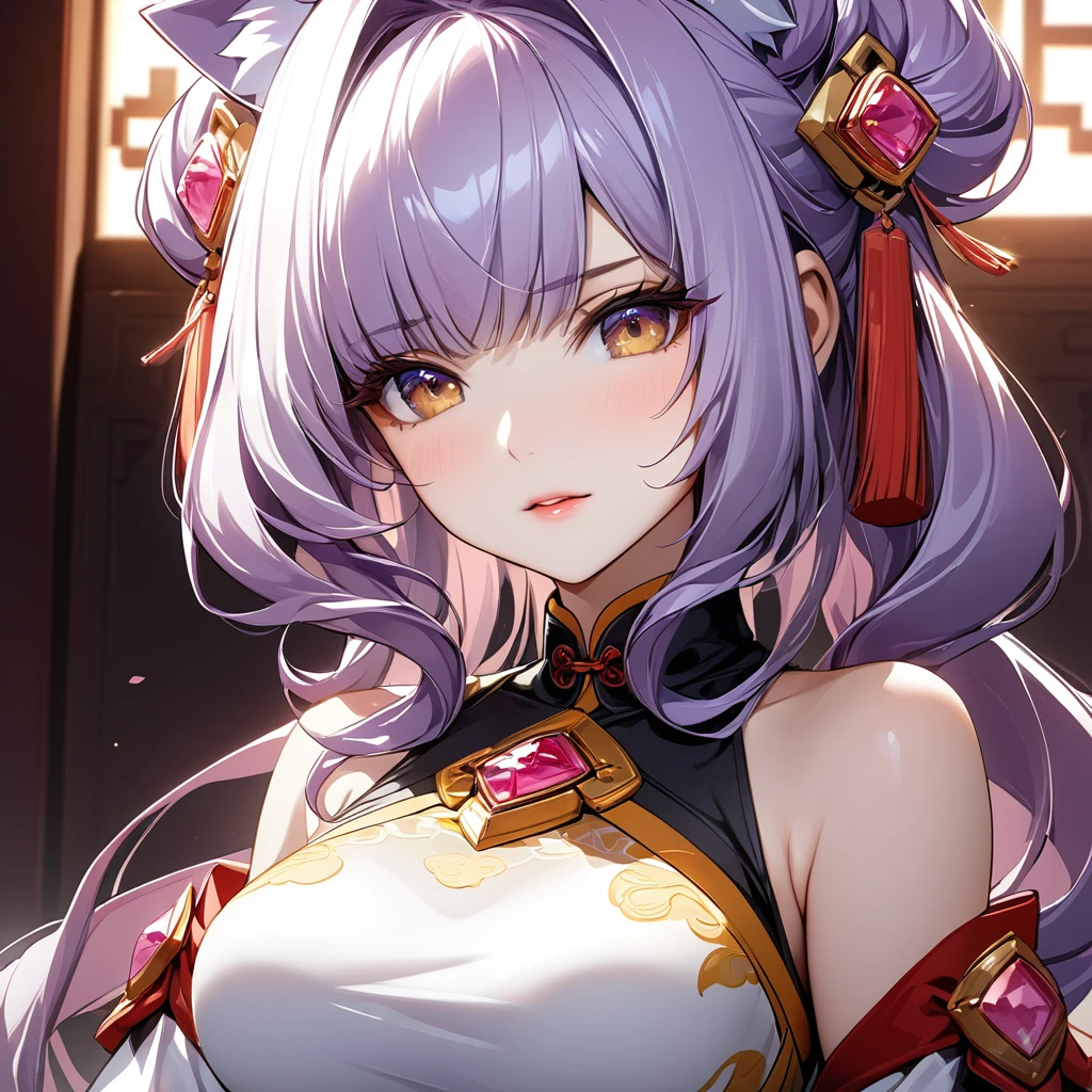 ((Highest quality)), ((masterpiece)), (detailed), （Perfect Face）、The woman has light purple hair in Extia Magica、The woman is wearing a gorgeous Chinese dress