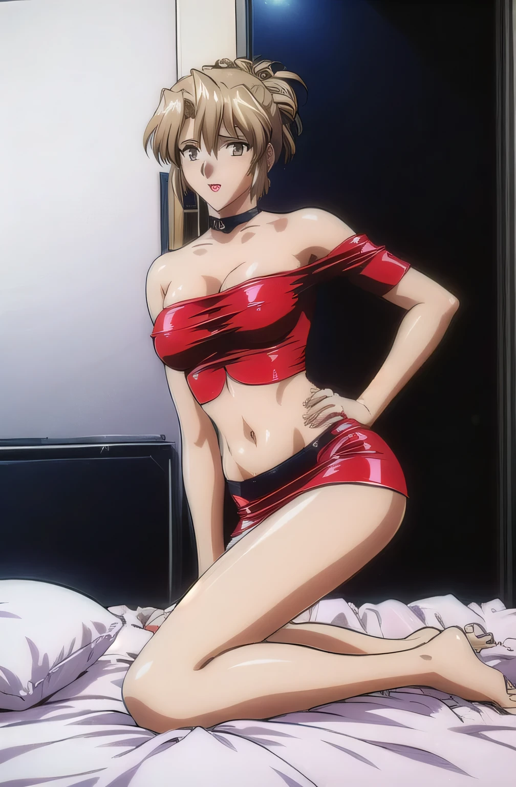 masterpiece, best quality, 1girl, looking at viewer, medium height, ultra detailed, full body shot, big head, teacher, elegant hotel bedroom, in bed, bright image, (Red off shoulder crop top, micro ruffle skirt, purple choker), hot colors, long belly, glossy lip stick, red eyeshadow, smile, skinny body, big breasts, busty, long hair, white skin, lights, hands on hips, high brightness, off-shoulders, big hips, sexy, lusty, sultry, slutty, horny, flip flops, sexy legs, sexy pose, seductive, perfect legs, perfect feet, perfect anatomy, sucking thumb, sexy in bed, playing with legs, nose blush, yellow eyes, undressing, mouth open, cum on face, 