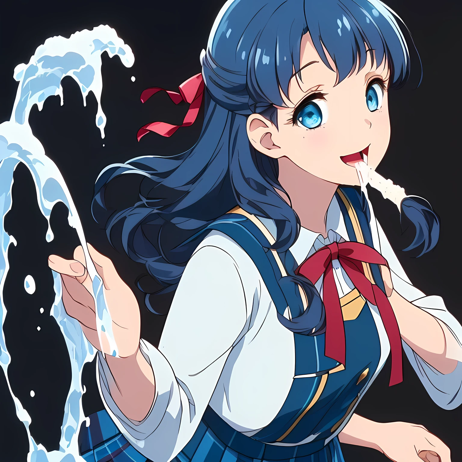 (highest quality, masterpiece, Full HD, High definition, High saturation and contrast to enhance female beauty: 1.2), (Japanese Game CG art of beautiful giggling noble elegant girl is drinking splashing delicious much milk with her mouth from Splashing Milk Fountain, charming me elegantly, Noble Elegant: 1.3), Milk spills from mouth, (Just one very beautiful date-game noble heroine who is looking and laughing at me, Very detailed cute noble 15yo heroine's noble eyes and face, Beautiful giggling eyes with detailed: 1.4), (Super-long bottom-eyelashes: 1.2), (Girl whom everyone loves because of her beauty and lovely winter fashion and noble manner and mind of evil succubus and magical-charm of evil succubus: 1.0), (Very beautiful, wavy, cutely super-super-long dark-dark-blue-dark-blue hair, with elegant hair ribbons, spreading on whole the screen: 1.3), (Laughing very beautiful and sapphire-blue mature intelligent cute-eyes which charms and enslave me inevitably, with clearly detailed: 1.4), (Eyes are clearly detailed), (very long eyelashes: 1.0), (Noble full-black neat sailor-styled noble winter-version school uniform with a noble expensive glossy red ribbon on the chest: 1.2), (Charming neat blue & navy tartan-checkered pleated long winter school skirt: 1.5), (Soprano singer of classic music: 1.0), (Can't stop giggling: 1.6), Clear skin, (Nothing except black background: 1.5), dark-blue hair, shot from side