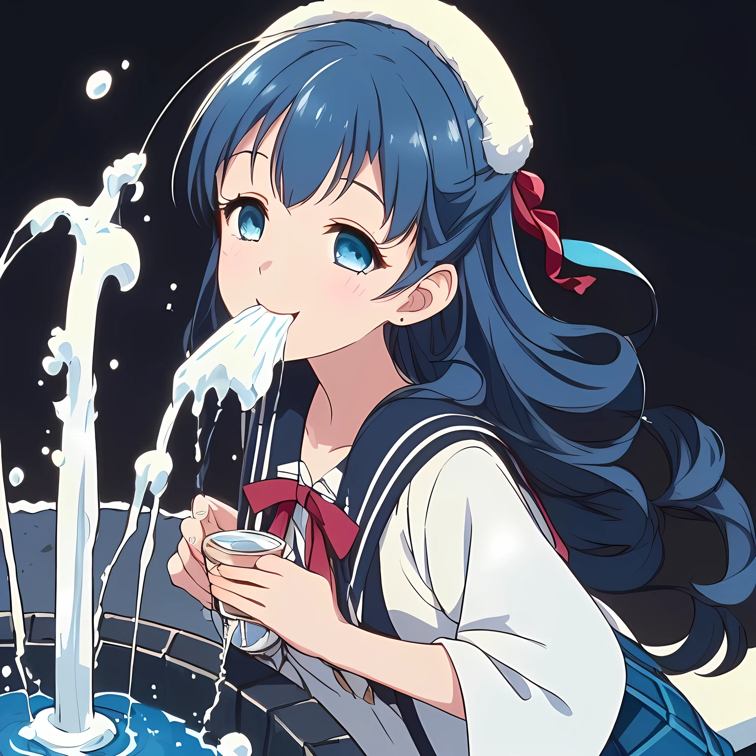 (highest quality, masterpiece, Full HD, High definition, High saturation and contrast to enhance female beauty: 1.2), (Japanese Game CG art of beautiful giggling noble elegant girl is drinking splashing delicious much milk with her mouth from Splashing Milk Fountain, charming me elegantly, Noble Elegant: 1.3), Milk spills from mouth, (Just one very beautiful date-game noble heroine who is looking and laughing at me, Very detailed cute noble 15yo heroine's noble eyes and face, Beautiful giggling eyes with detailed: 1.4), (Super-long bottom-eyelashes: 1.2), (Girl whom everyone loves because of her beauty and lovely winter fashion and noble manner and mind of evil succubus and magical-charm of evil succubus: 1.0), (Very beautiful, wavy, cutely super-super-long dark-dark-blue-dark-blue hair, with elegant hair ribbons, spreading on whole the screen: 1.3), (Laughing very beautiful and sapphire-blue mature intelligent cute-eyes which charms and enslave me inevitably, with clearly detailed: 1.4), (Eyes are clearly detailed), (very long eyelashes: 1.0), (Noble full-black neat sailor-styled noble winter-version school uniform with a noble expensive glossy red ribbon on the chest: 1.2), (Charming neat blue & navy tartan-checkered pleated long winter school skirt: 1.5), (Soprano singer of classic music: 1.0), (Can't stop giggling: 1.6), Clear skin, (Nothing except black background: 1.5), dark-blue hair, shot from side