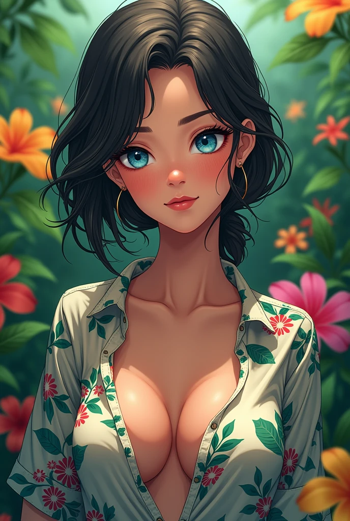 High quality, masterpiece, pastel color theme, face light, forest and river background, lips close up, focus on lips, standing pose, model pose, one woman, healthy tanned skin, wet body clothes hair, shiny red lips, blue topaz eyes, upturned eyes, short hair, closed mouth, smiling face, cleavage, loose t-shirt dress