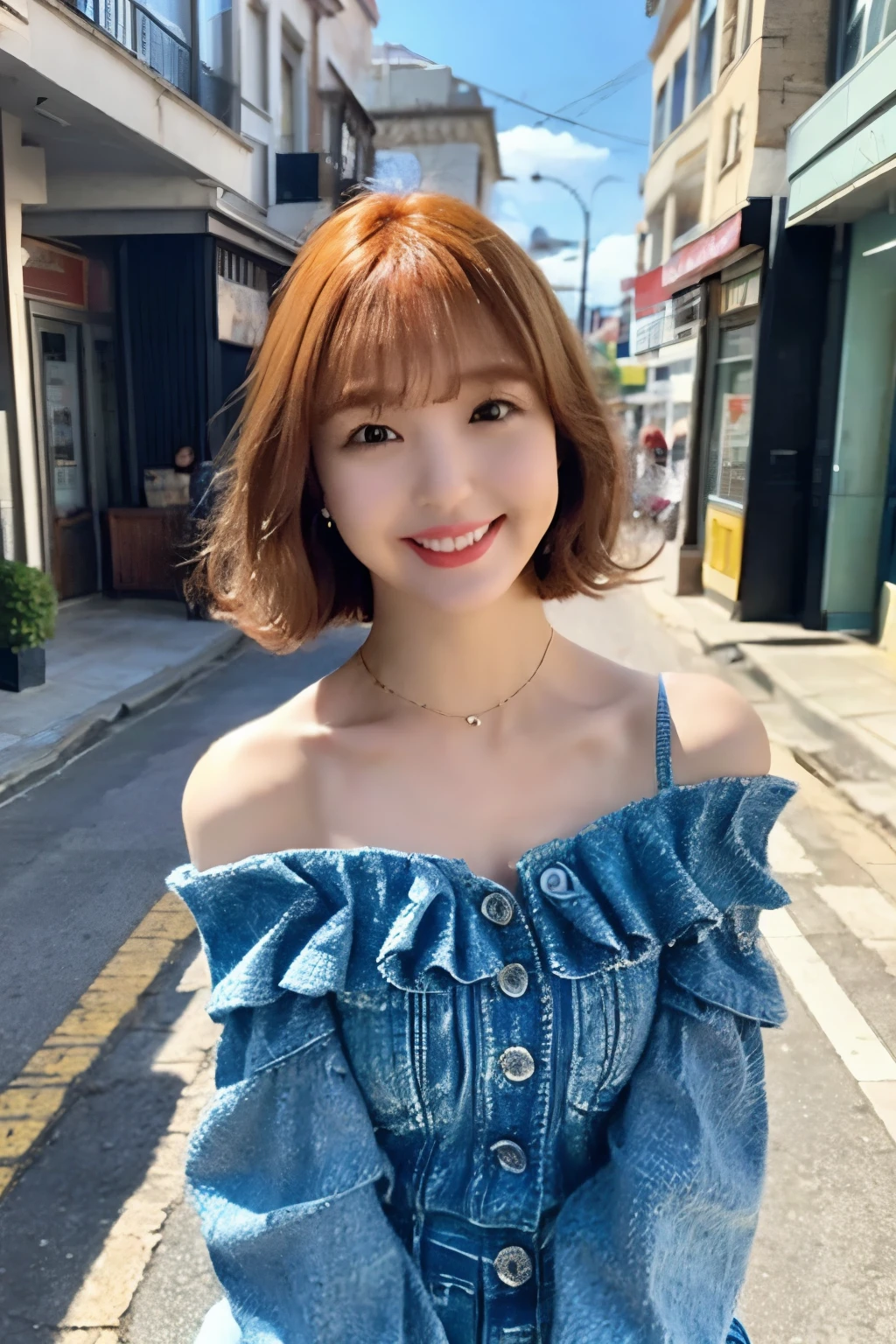 Ginger Hair、With bangs、short hair、smile、Beautiful breasts、Slim body、White off-the-shoulder knit sweater、Blue denim frill tanding on a street corner