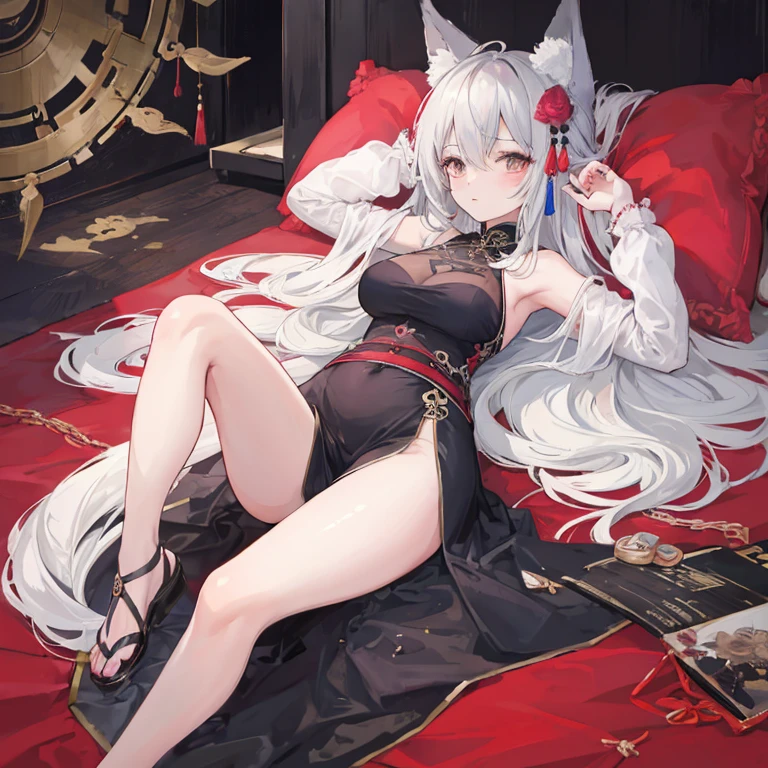 Beautiful woman lying in bed，grab the pillow((4K, masterpiece, best quality)), ink painting, traditional Chinese ink painting, lotus, han dress, maxi kit, modest outfit single girl, 独奏, gray hair, long hair, fox ears, Caucasian, 比基尼, Fish, lots of fish nearby, Look at the beholder, An anime girl wearing a black dress is lying on a blanket at the beach., seductive anime girl, I&#39;ll draw a fan too, Beautiful charming anime woman, Azure Lane style, Cute anime waifu wearing beautiful clothes, Anime cute art style, Clean and detailed anime art, at the beach上, Wear a swimsuit, monokini, anime goddess, Outstanding Makina, at the beach animal ears, grab the pillow