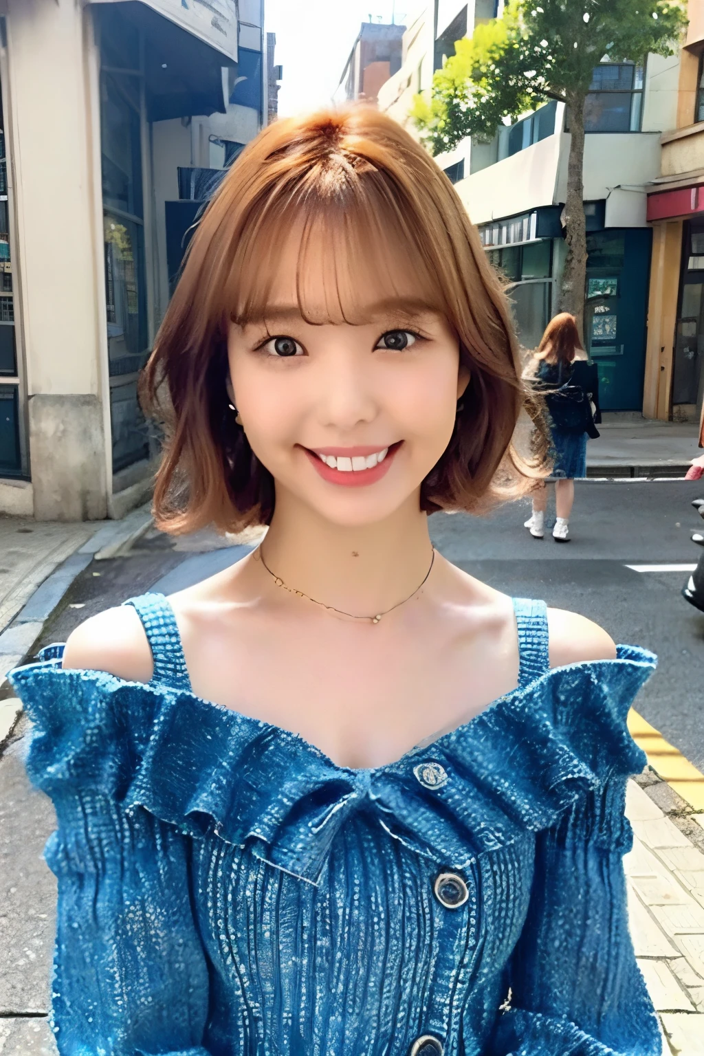 Ginger Hair、With bangs、short hair、smile、Beautiful breasts、Slim body、White off-the-shoulder knit sweater、Blue denim frill tanding on a street corner