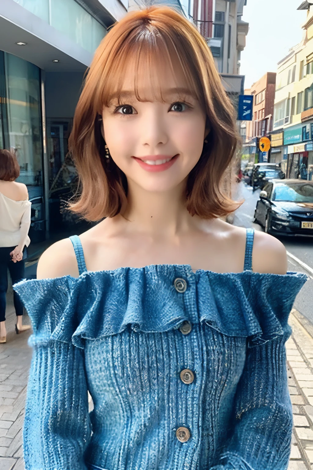 Ginger Hair、With bangs、short hair、smile、Beautiful breasts、Slim body、White off-the-shoulder knit sweater、Blue denim frill tanding on a street corner