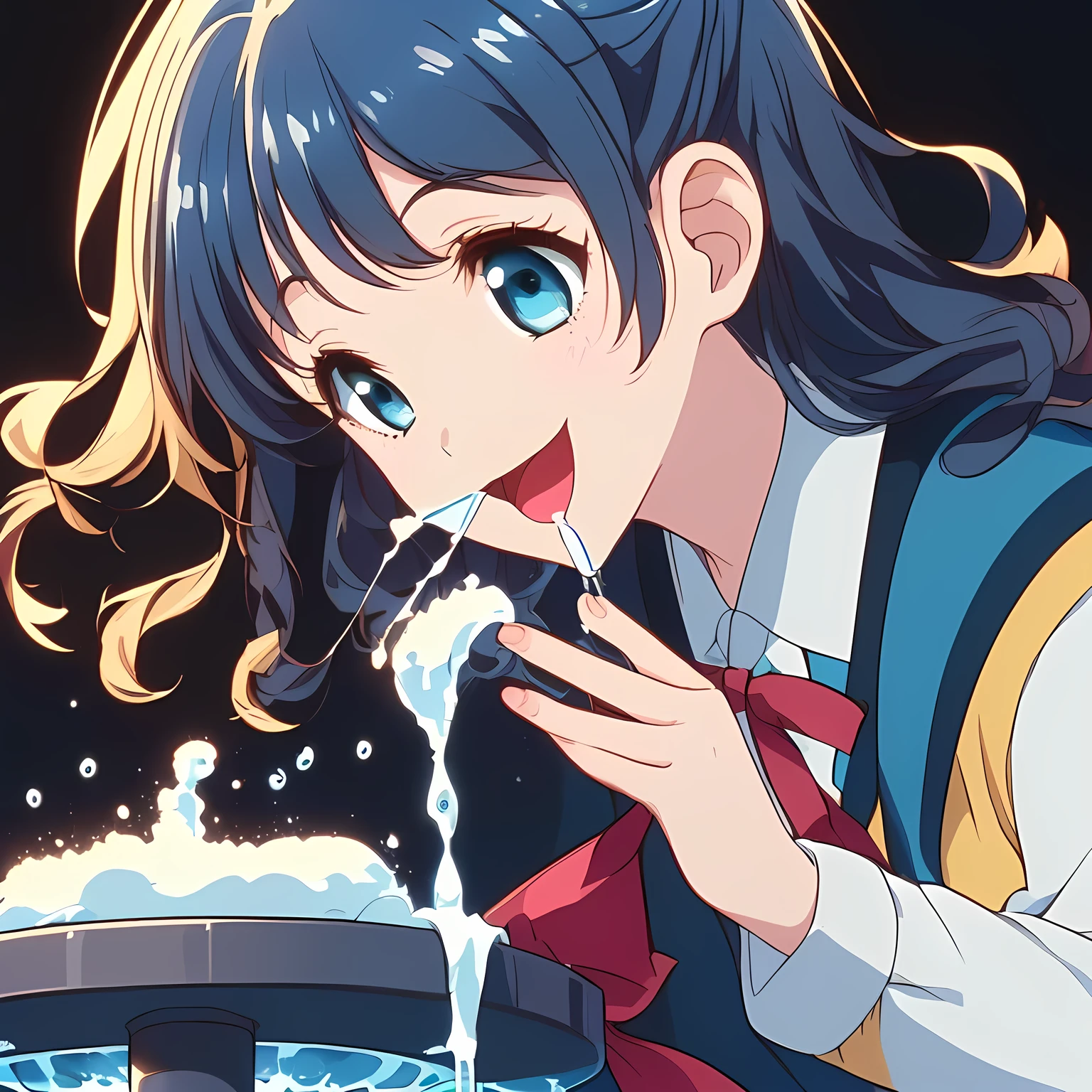 (highest quality, masterpiece, Full HD, High definition, High saturation and contrast to enhance female beauty: 1.2), (Japanese Game CG art of beautiful giggling noble elegant girl is drinking splashing delicious much milk with her mouth from Splashing Milk Fountain, charming me elegantly, Noble Elegant: 1.3), Milk spills from the widely open mouth, (Just one very beautiful date-game noble heroine who is looking and laughing at me, Very detailed cute noble 15yo heroine's noble eyes and face, Beautiful giggling eyes with detailed: 1.4), (Super-long bottom-eyelashes: 1.2), (Girl whom everyone loves because of her beauty and lovely winter fashion and noble manner and mind of evil succubus and magical-charm of evil succubus: 1.0), (Very beautiful, wavy, cutely super-super-long dark-dark-blue-dark-blue hair, with elegant hair ribbons, spreading on whole the screen: 1.3), (Laughing very beautiful and sapphire-blue mature intelligent cute-eyes which charms and enslave me inevitably, with clearly detailed: 1.4), (Eyes are clearly detailed), (very long eyelashes: 1.0), (Noble full-black neat sailor-styled noble winter-version school uniform with a noble expensive glossy red ribbon on the chest: 1.2), (Charming neat blue & navy tartan-checkered pleated long winter school skirt: 1.5), (Soprano singer of classic music: 1.0), (Can't stop giggling: 1.6), Clear skin, (Nothing except black background: 1.5), dark-blue hair, shot from side