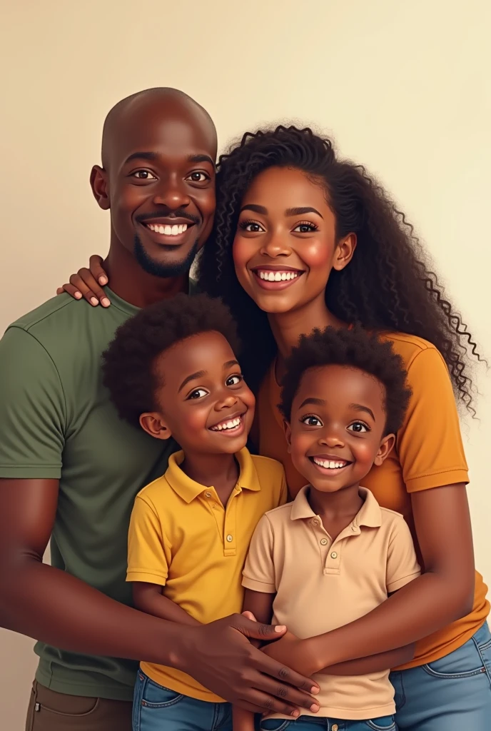 Happy black family with straight hair and realistic bald
