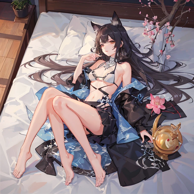 Beautiful woman lying in bed，grab the pillow((4K, masterpiece, best quality)), ink painting, traditional Chinese ink painting, lotus, han dress, maxi kit, modest outfit single girl, solo, gray hair, long hair, fox ears, Caucasian, Bikini, Fish, lots of fish nearby, Look at the beholder, An anime girl wearing a black dress is lying on a blanket at the beach., seductive anime girl, I&#39;ll draw a fan too, Beautiful charming anime woman, Azure Lane style, Cute anime waifu wearing beautiful clothes, Anime cute art style, Clean and detailed anime art, at the beach上, Wear a swimsuit, monokini, anime goddess, Outstanding Makina, at the beach animal ears, grab the pillow