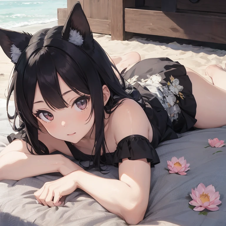 Beautiful woman lying in bed，grab the pillow((4K, masterpiece, best quality)), ink painting, traditional Chinese ink painting, lotus, han dress, maxi kit, modest outfit single girl, solo, gray hair, long hair, fox ears, Caucasian, Bikini, Fish, lots of fish nearby, Look at the beholder, An anime girl wearing a black dress is lying on a blanket at the beach., seductive anime girl, I&#39;ll draw a fan too, Beautiful charming anime woman, Azure Lane style, Cute anime waifu wearing beautiful clothes, Anime cute art style, Clean and detailed anime art, at the beach上, Wear a swimsuit, monokini, anime goddess, Outstanding Makina, at the beach animal ears, grab the pillow