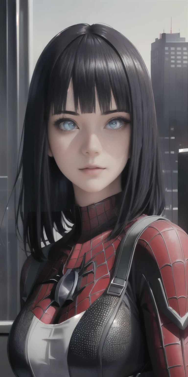 (1girl:1.3), Solo, (((Very detailed face)))), ((Very detailed eyes and face)))), Beautiful detail eyes, Body parts__, Official art, Unified 8k wallpaper, Super detailed, beautiful and beautiful, beautiful, masterpiece, best quality, original, masterpiece, super fine photo, best quality, super high resolution, realistic realism, sunlight, full body portrait, amazing beauty, dynamic pose, delicate face, vibrant eyes, (from the front), She wears Spider-Man suit, red and black color scheme, spider, very detailed city roof background, rooftop, overlooking the city, detailed face, detailed complex busy background, messy, gorgeous, milky white, highly detailed skin, realistic skin details, visible pores, clear focus, volumetric fog, 8k uhd, DSLR, high quality, film grain, fair skin, photo realism, lomography, futuristic dystopian megalopolis, translucent