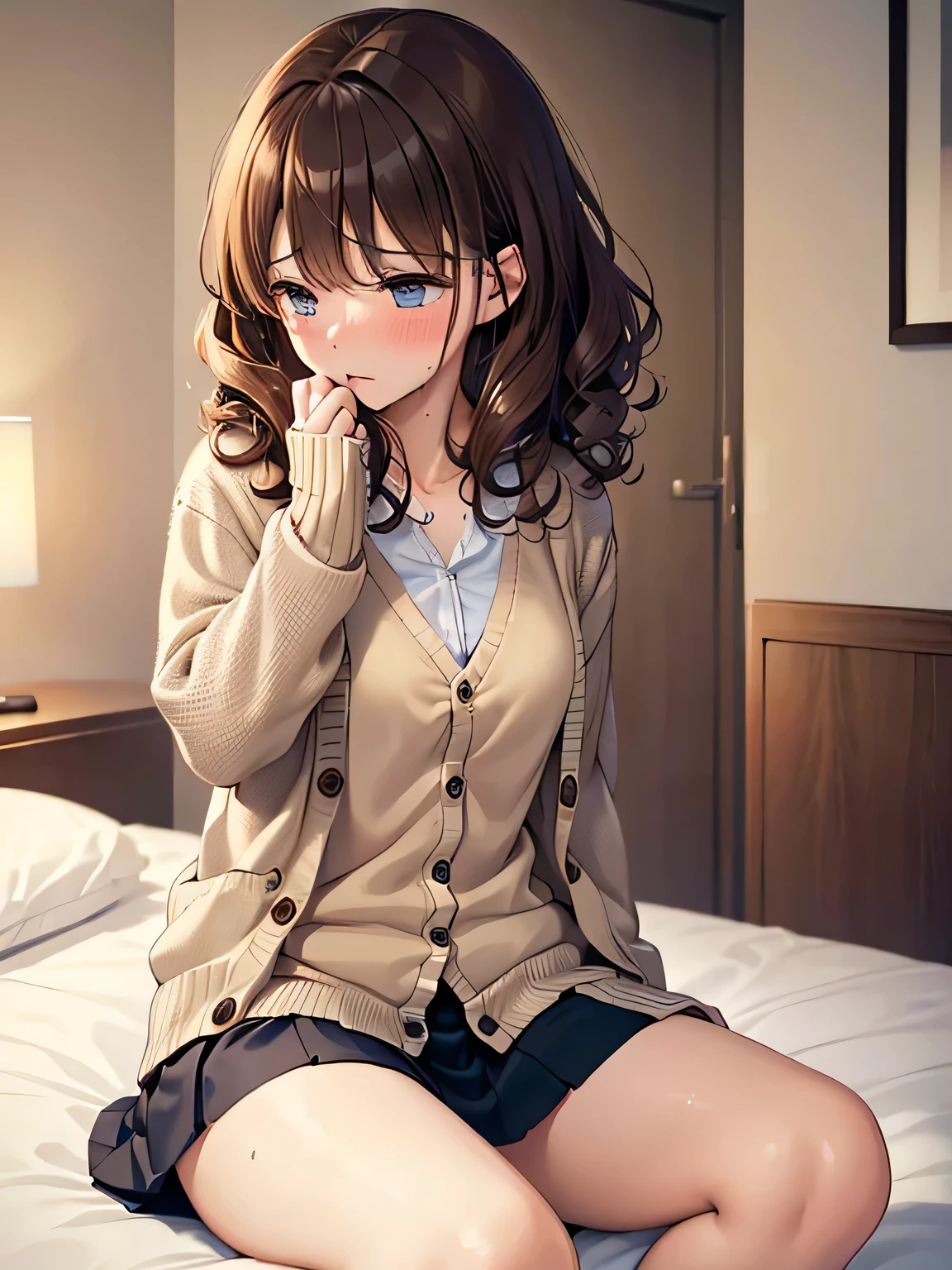 Masterpiece、Accurate Face、Simple details、(One College Girl)、((Kiss a man while sitting down)),Beautiful Eyes、(Correct number of fingers),((Brown Hair、Curly hair、cardigan、skirt)),(((upright straddle position))),((Hotel room、On the bed)),((Embarrassed、blush)),((orgasm、Sad expression))、Sweat