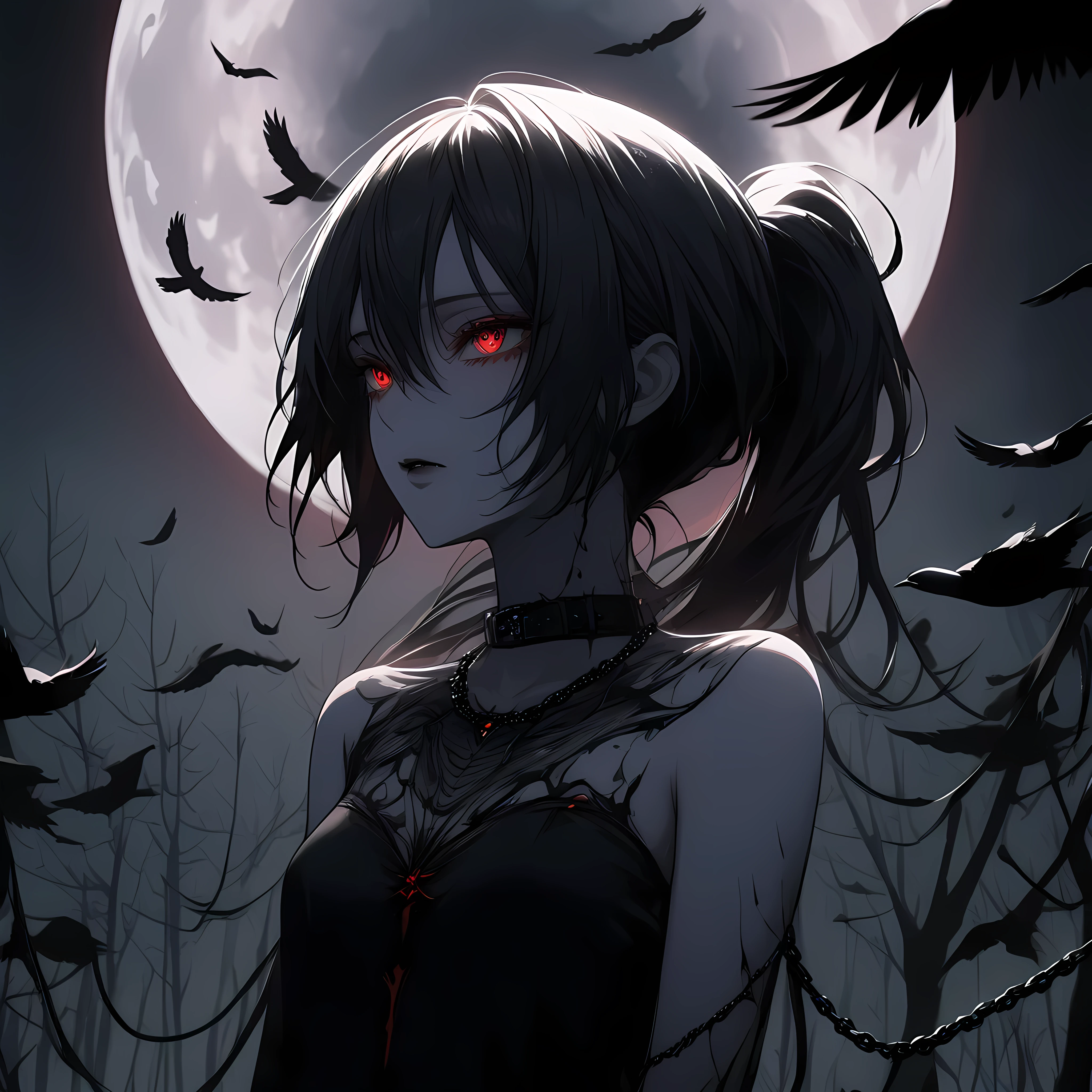 (Dark and scary atmosphere,Gothic Fashion,Dark colors),(Highest quality,Super exquisite item),Very sexy vampire girl,A large number of red spider lilies in full bloom on a red full moon night,Beautiful and delicate eyes,Beautiful black straight ponytail,Crow's feathers,Pale skin,No clothes on,naked,The moonlight illuminates her silhouette,A fantastic background created by darkness and moonlight,She is a tall girl who looks like an adult.,A crow is flying,Crow's feathersが舞う,Are standing,Deep foggy forest behind,(Courtesy),((The shadows of several hanged bodies in the forest behind)),A flock of crows swarming around a ,Chained,Hanged by a chain around the neck,Hanging