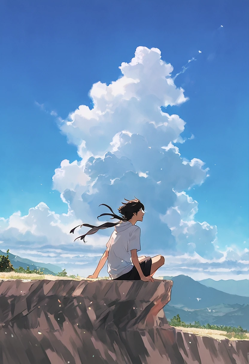 Flowing Hair,Playfulness,Dreamy atmosphere,Fantasy,Flat Color, Blowing in the Wind,Great quality,Angled composition、Refreshing summer, Perspective、Shade、Mountains in the distance々、Sitting on a cliff、Asahi、profile、1 man