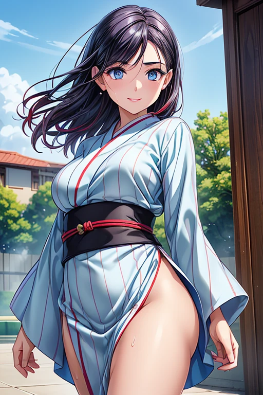 A naked girl wearing only a yukata, The front of the yukata is open and visible, navel, hands behind body, masterpiece, best quality, super detail