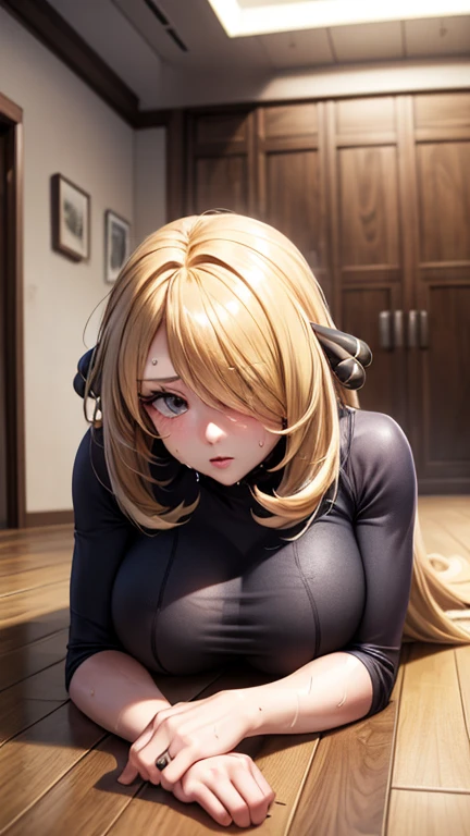 masterpiece, Highest quality, (Unreal Engine), reality:1.5, Super Resolution,  Very detailed, Complex, colorful, Clear images, Sharp focus, Digital Blending, 

Beautiful woman, character_Pokemon_Cynthia, Cynthia, blonde, Long Hair, Hair on one eye, hair ornaments, very Long Hair, Large Breasts, Wavy Hair, Grey Eyes, Big Breasts, Perfect Eyes, Beautiful Eyes, Perfect Face, Ultra detailed hair, Ultra detailed face, Very detailed lips, Vivid expression, Healthy Body, Beautifully detailed sweat glands, Smooth skin texture, Beautiful Skin, Carefully drawn,

((humidity:1.2), Sticky with sweat), (Wear a tight yoga suit, ,Hot Yoga, (Sweat makes your yoga wear transparent, Sweat accumulates on the floor)), Dynamic pose,

indoor, Hot Yoga Gym, ((Hasselblad Photos), Dynamic Angle), 

