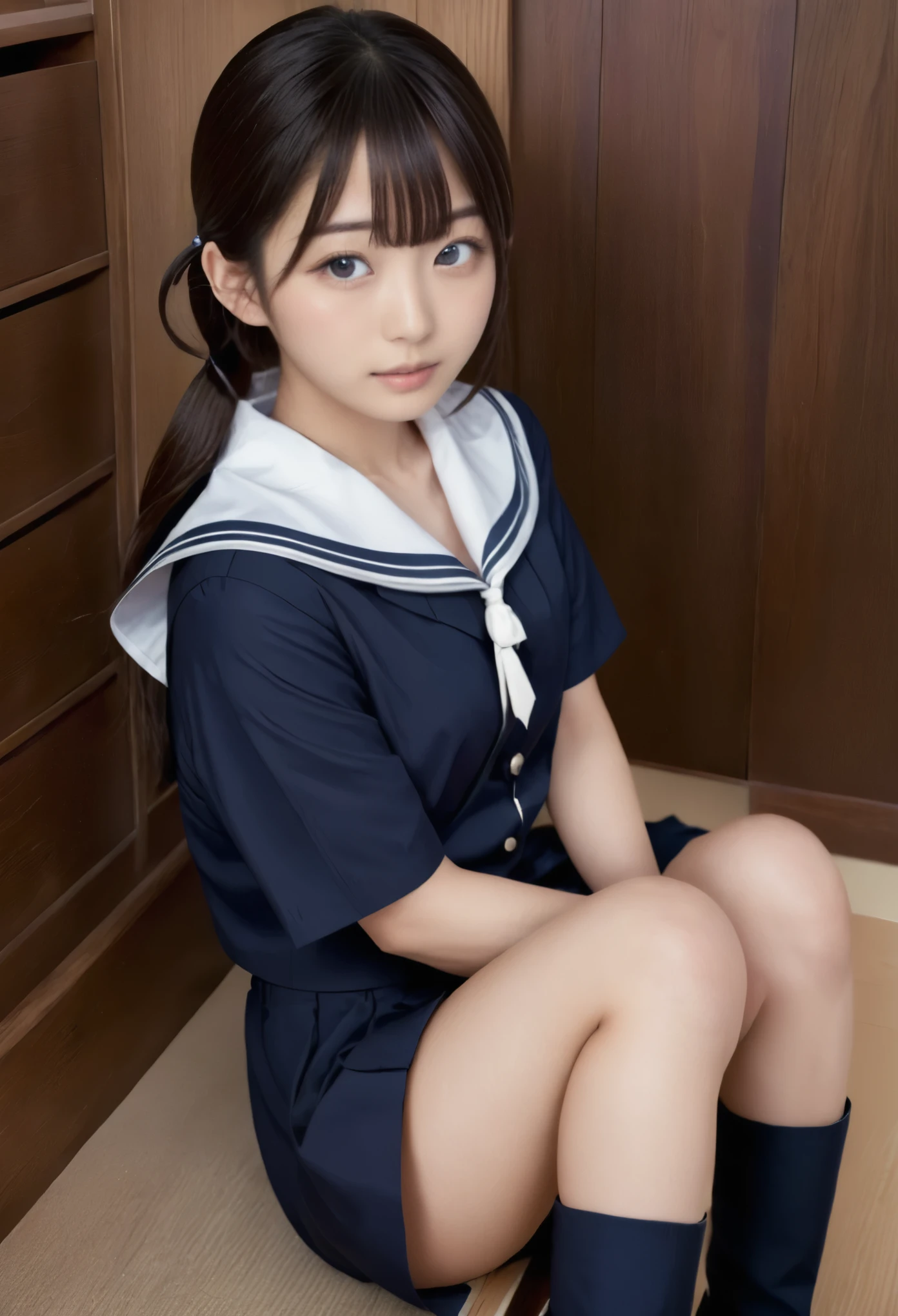 masterpiece , Highest quality , Japanese , Cute Face , 2 , (Symmetrical clear eyes:1.3) , Shining Eyes  , Cowboy Shot,Sailor suit,Takushiage,Ha High School Uniforms、Browsing Caution、penis,Missionary sex:1.3)