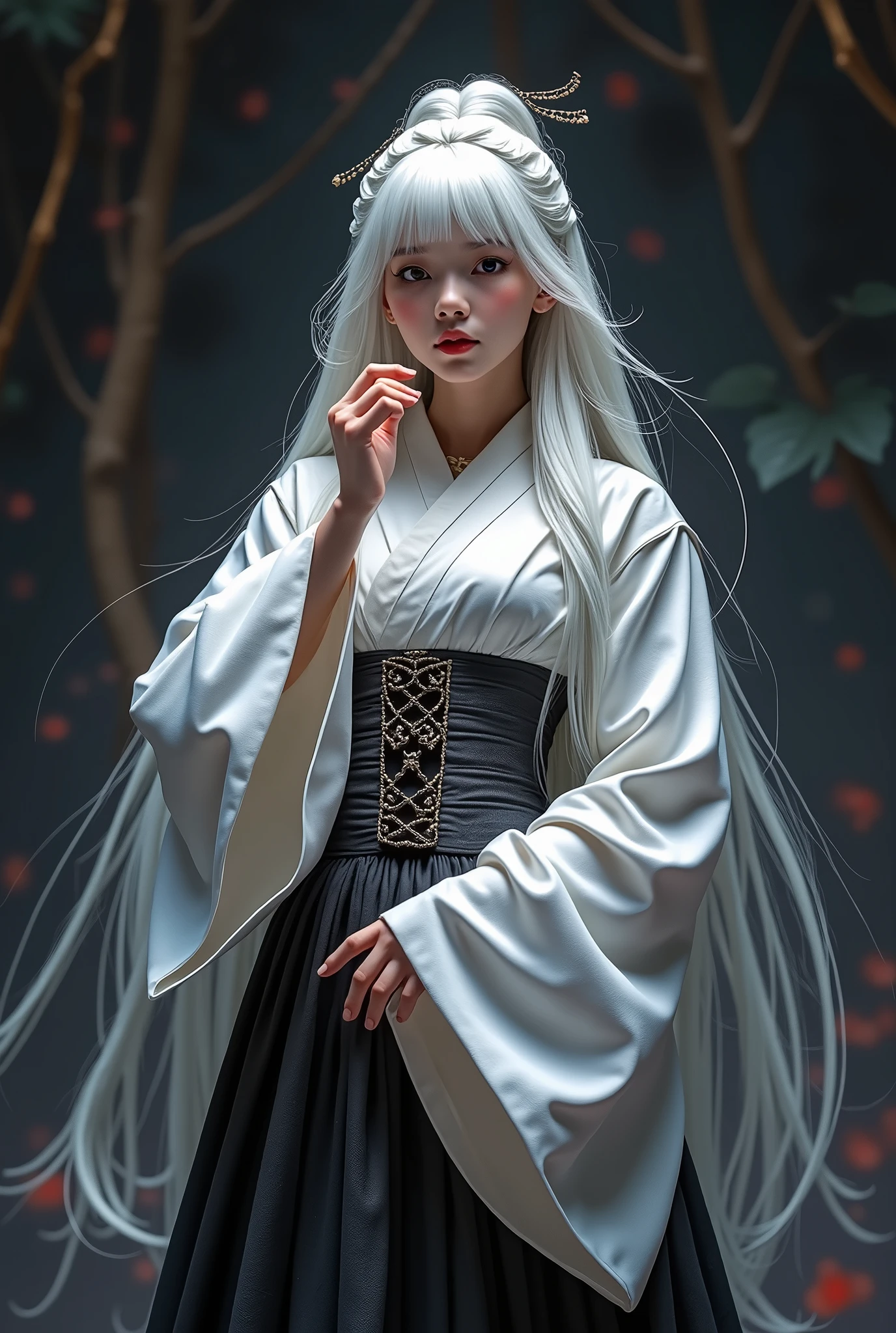 **Prompt:** Create an ultra-realistic 8K resolution image of Tsukuyomi, the Japanese moon god from Shinto mythology, reimagined as an ultimate horror figure while retaining the deity's iconic features. Tsukuyomi is depicted with long, flowing silver hair that seems almost spectral, cascading down in disheveled strands that move as if alive. Her eyes, once serene, now glow with an eerie, piercing light, reflecting the cold, haunting light of the moon. Her expression is no longer gentle but twisted with a mix of sorrow and malevolence, as if the weight of centuries of darkness and loneliness has corrupted her spirit.
She wears a tattered, ancient kimono, the once-beautiful fabric now frayed and stained with dark, ominous patterns resembling bloodstains and shadows. The kimono's edges flicker like dying embers, as if consumed by an otherworldly fire. Her hands, skeletal and clawed, grasp a staff adorned with a crescent moon that glows with a sickly, unnatural light.
The background is a desolate, moonlit landscape, with twisted, leafless trees and a sky filled with swirling, ominous clouds. The full moon hangs low, casting an unsettling, cold light over the scene, which is filled with shadows that seem to move and whisper in the darkness. The atmosphere is one of dread and terror, as Tsukuyomi's transformation into a nightmarish horror figure embodies the terrifying beauty of the moon's darker side.