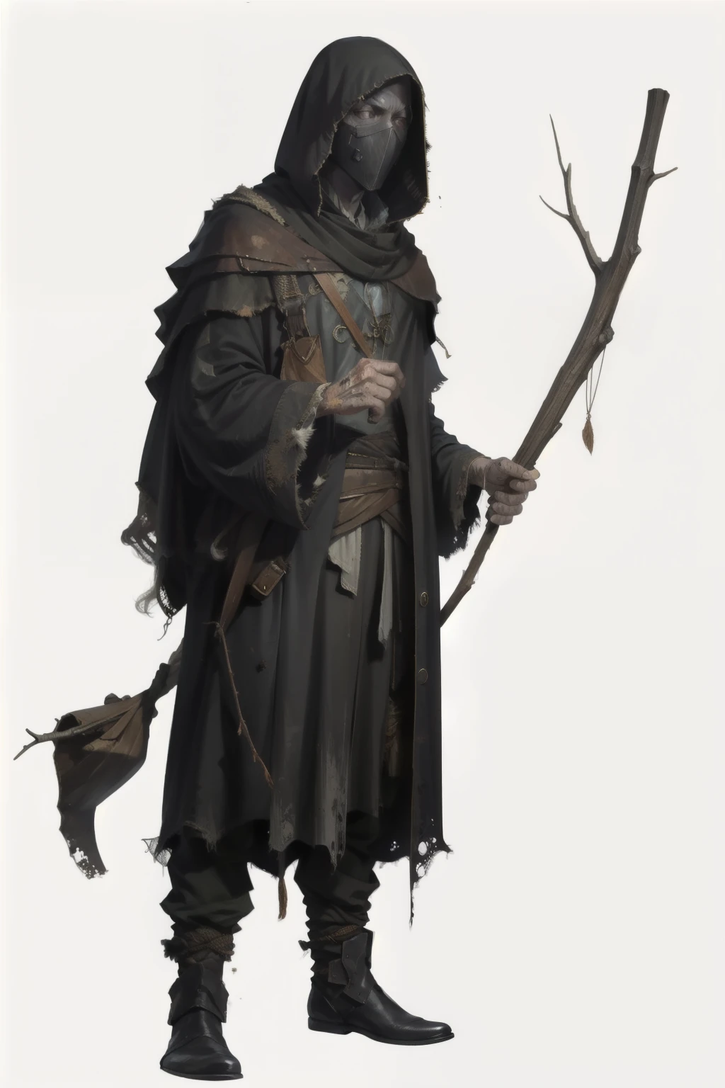 Full-body image of a ragged, homeless man in a fantasy RPG setting, wearing a plague doctor's mask. His mask is an old, cracked leather beak mask with glass eye holes, resembling the masks worn during the Black Death, giving him an eerie and mysterious appearance. He is dressed in tattered, mismatched clothes in earthy tones like brown, gray, and green, with patches and holes revealing his weathered skin. His hair is long, tangled, and dirty, partially visible under a hood. He carries a makeshift staff made of a worn wooden branch and an old sack slung over his shoulder. His posture is slouched, his feet are bare and dirty, and despite his rough appearance, he exudes an air of resilience. The background is white. PNG format.