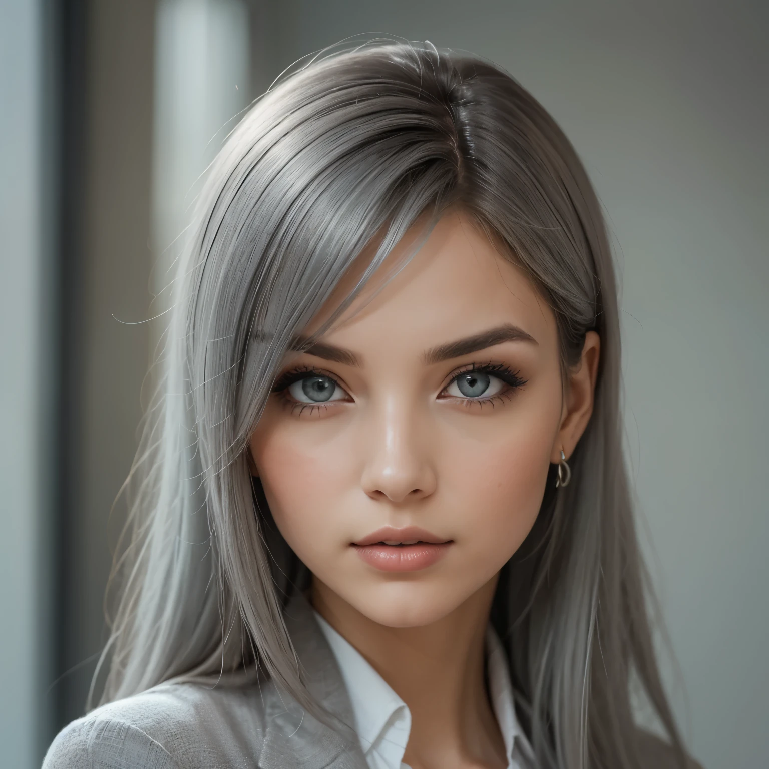 Create an image of a confident woman exuding elegance and charm, with flowing hair and striking (((grey|clear eyes))). She should be posed in a soft, natural light setting, wearing a stylish yet understated outfit that enhances her allure. The background should be a subtle blend of colors to ensure the focus remains on her captivating expression.