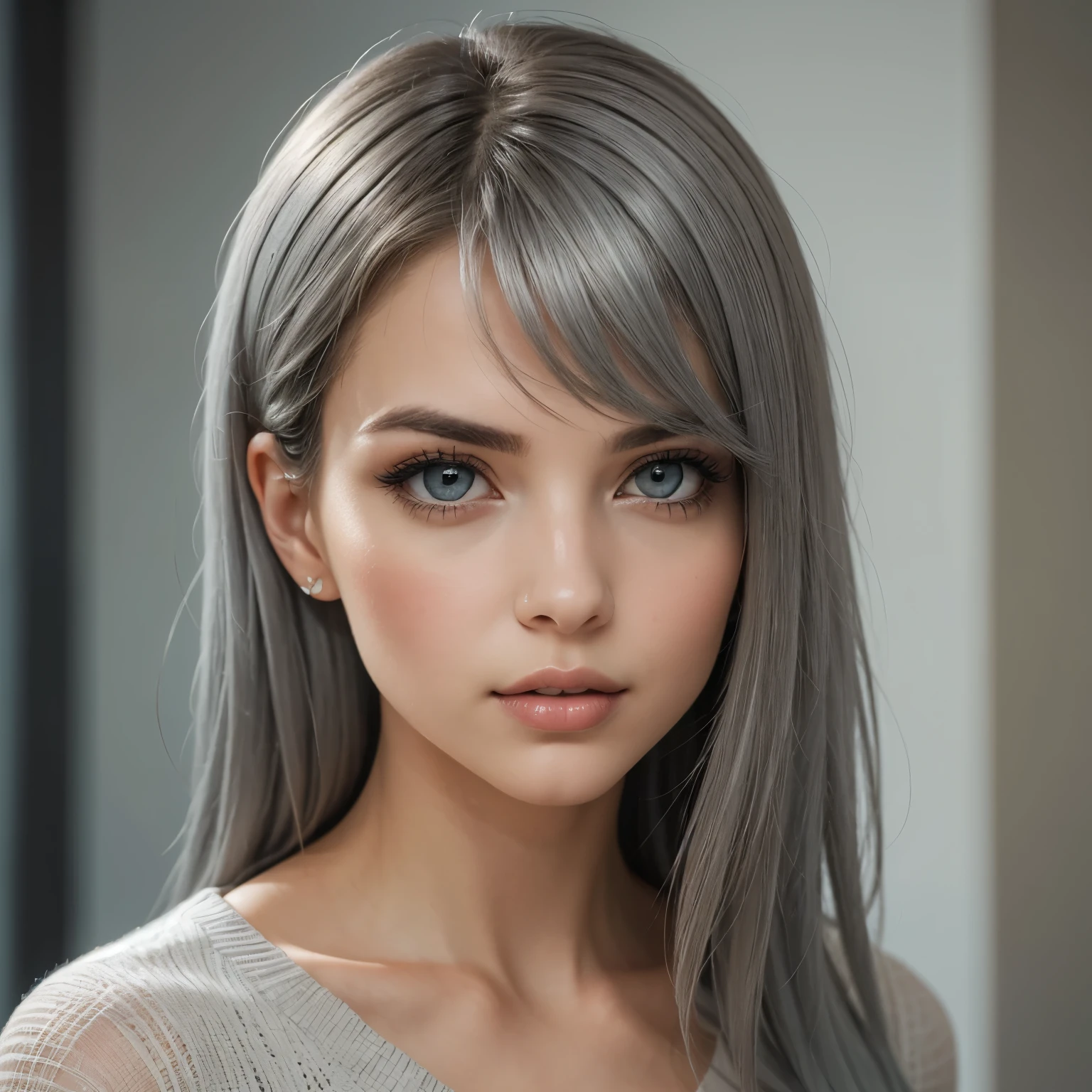 Create an image of a confident woman exuding elegance and charm, with flowing hair and striking (((grey|clear eyes))). She should be posed in a soft, natural light setting, wearing a stylish yet understated outfit that enhances her allure. The background should be a subtle blend of colors to ensure the focus remains on her captivating expression.