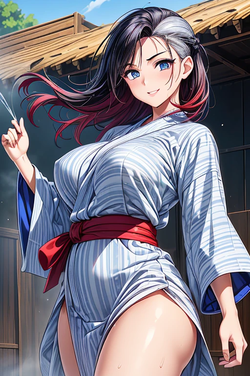 asagi,mature female,large breasts,messy hair style,wavy long hair,blue hair, hair between eyes, purple eyes,cleavage,(short karate gi,:1.2),(no bra,underboob:1.1),(no pants,no panties:1.3),(sweat gleaming skin:1.1), outdoors,sunlight, spotlight effect,bright sky, blue sky with clouds,strong wind, (old castle),(highres, high quality:1.1), intricate details, cinematic lighting, 1girl,(red blush,smile),posing for photo,dynamic angle,from below,show off pussy,pussy focus,nipple,navel