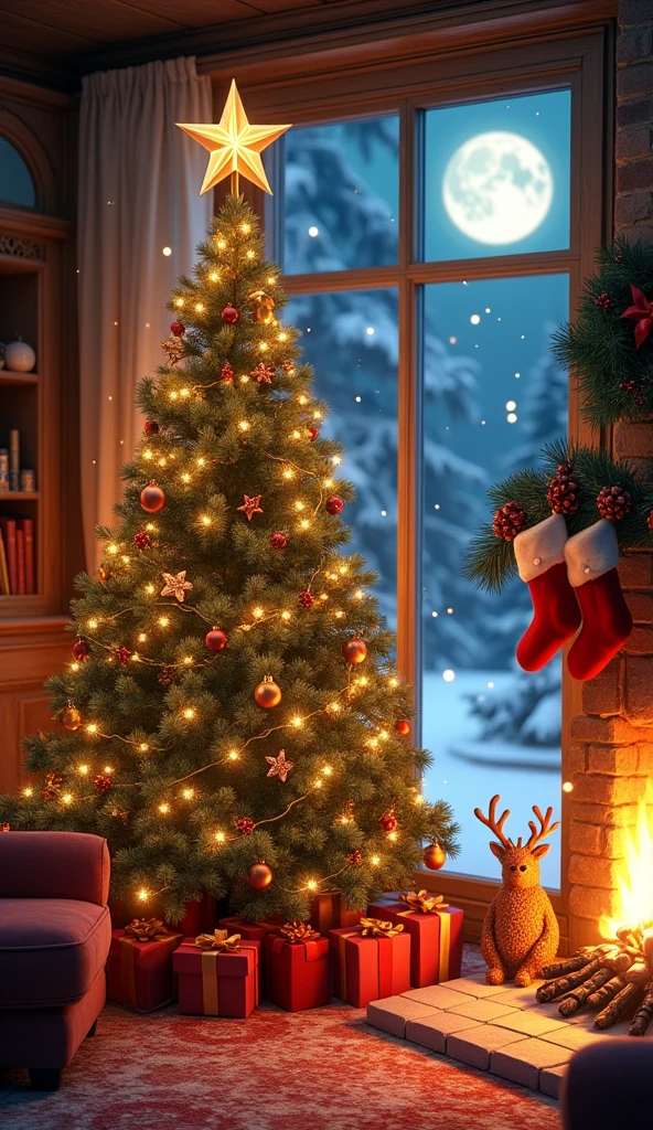 A cozy and magical Christmas scene, with a big Christmas tree decorated with bright lights, colorful balls and a golden star on top. Ao fundo, a fireplace with a gentle fire and crackling flames, surrounded by hanging Christmas stockings and a pine cone garland. A large window shows a snow-covered winter landscape, with snowflakes falling gently and a full moon in the sky. The fireplace light creates a warm and welcoming atmosphere, reflecting an atmosphere of joy and celebration.