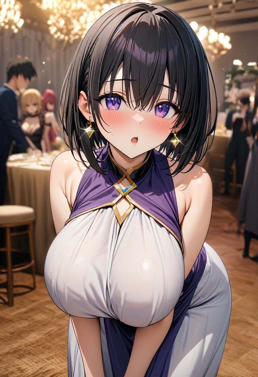 ((masterpiece,Highest quality,8k,Ultra-high resolution)),1 person　、　One College Girl　　　, Momo Belia Deviluke,                                     View your viewers,   A little embarrassing　,                                                                 Black Hair　, short hair　　、Hair hanging over one ear、　    Purple eyes,        Gold diamond-shaped earrings Mouth slightly open　、                                                Slim body, Big Breasts　　　　　　　　　、　Sleeveless British dress　、　Gah　、　Party Venue