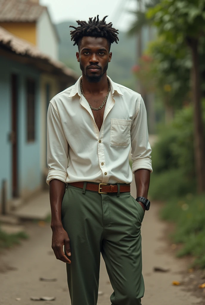 Make a representation of the person portrayed by Exu Tranca Ruas das Almas as a normal human being in his 30s with green eyes, a beautiful and attractive appearance and the posture of a Catholic priest, but with everyday clothing.