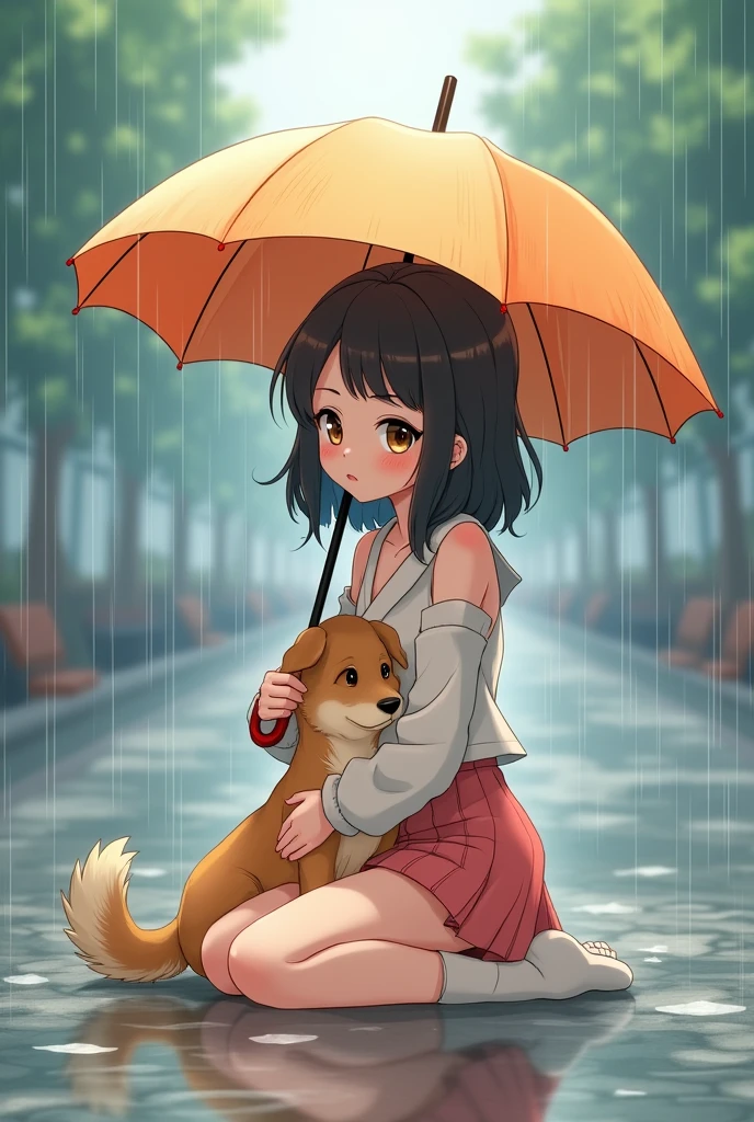 small breasted naked woman on the street, big thighs, short hair with bangs, moaning, mouth open, one eye closed, blushing, embarrassed, sweating, dripping wet, peeing, wearing dog collar, squatting, legs spread,