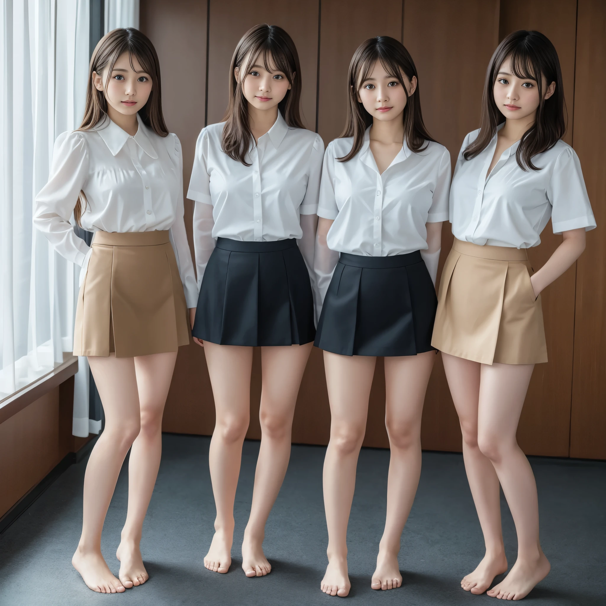 ((Highest quality、Tabletop、8k、Best image quality))、(3 high school girls), (Standing facing this), Full body photo撮影, Great quality, 16K, (RAW Photos:1.4), High resolution, (顔から足首までのFull body photo), (Perfect Anatomy), Three Women, The sisters wear the same uniform, 赤いリボンが付いた白いシャツとベージュのTight mini skirtの制服, Woman wearing a micro mini skirt and beige stockings, (8k), (Highest quality:1.5), Very detailed, (F-cup bust:1.2), Cleavage, (Three Sisters), (Full body photo), Slim and slender, (uniform: 赤いリボンが付いたライトブルーのシャツとベージュのTight mini skirt), (Very cute face), (blonde), Random Hair, (Full body glossy skin、Fair skin)、(Soft natural light)、((JK uniform made from melting mucus, (The melted, thin mucus fits snugly against the skin.))、((Melted thin mucus sticks to the skin, (The lines of the body are clearly visible))、Sexy pose, Stand in the middle of the hallway, The room is bright, (Stand with your feet shoulder-width apart), (Tight mini skirt, Very short),