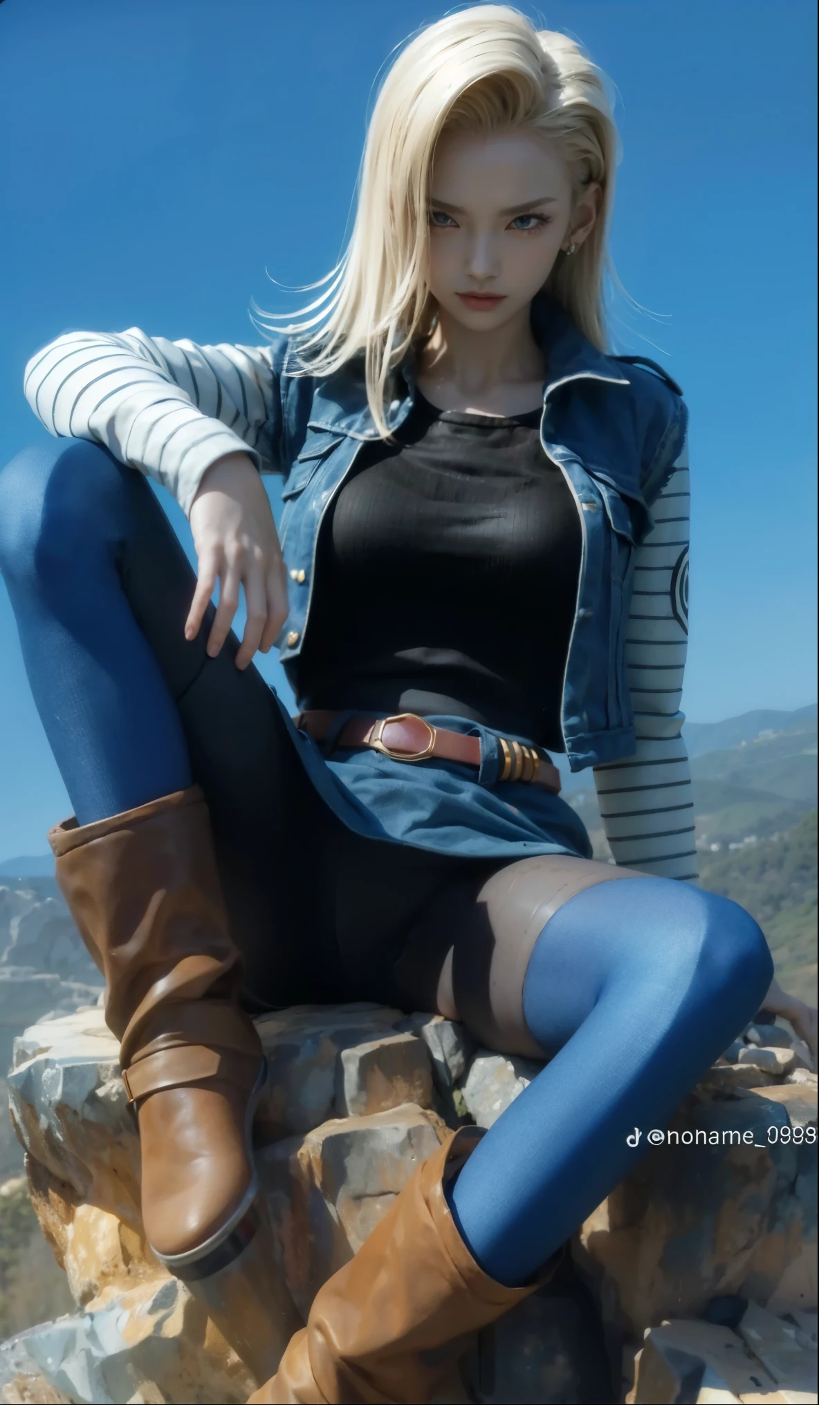 サイドパートのブロンドヘアのAndroid 18, Straight style, デニムベストの上には黒のトップスを着ているAndroid 18. 青いタイツを履いているAndroid 18, ワイドベルト付きのミニスカートのAndroid 18, and brown boots. She is casually sitting on a rock, One knee is up and the other leg is down, In a relaxed pose. The gaze turns to the side、. In the background、Under the blue sky、Outdoor landscape with hills, Creates a vibrant and fresh atmosphere. The lighting is natural, Did it come from above?, Cast soft shadows. Photo、It appears to have been shot at a frontal angle with a deep depth of field., Clarify both subject and context.Sharp, long eyes、Sharp Eyes、cool、Android 18