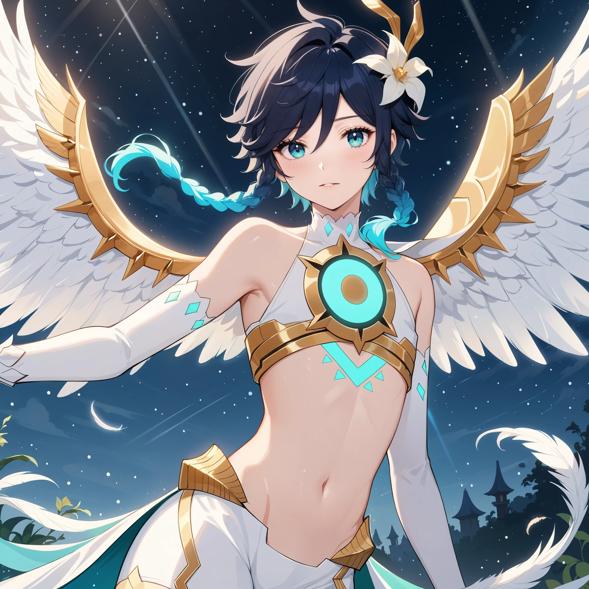 masterpiece,best quality,very aesthetic,absurdres,1boy,venti_/(archon/)_/(genshin_impact/),male_focus,detailed_eyes,(gnns:0.25),white feathered_wings,white halter crop top,white shorts,hair_flower,midriff,black blue hair gradient,dsmile,((flat chest)),slender,small waist,starry_sky,moon,starry_sky_print,((bluegreen eyes)),slender,feathers,divine,detailed_eyes,long_eyelashes,pink_lips,glossy lips,narrow_waist,wide_hips,bare stomach,seductive,flirtatious,iridescent volumetric light, god rays, heavenly,cosmic,celestial,perfect elegant hands,(realistic:0.25),Monet, pixiv fantasia 