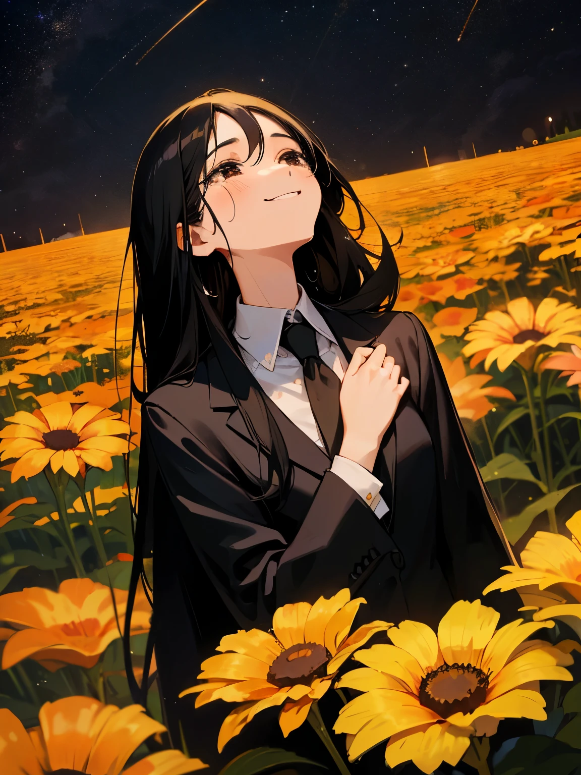 A long black haired woman, with black eyes, smiling, tears streaming down her face, wearing a suit, a flower garden, at night, looking up at the sky, looking up at the golden sky.