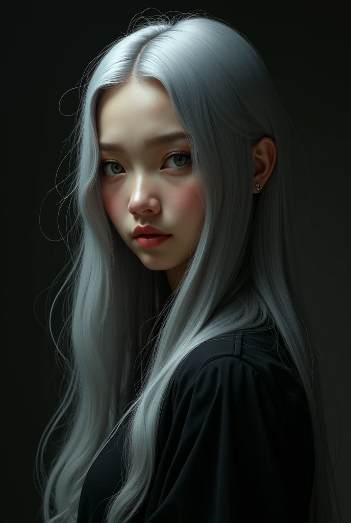 (Front Focus), (In the Dark:1.6), Hyperrealist Female Portrait by David Hockney and Alphonse Mucha, Fantasy art, Photo realistic, Dynamic Lighting, Art Station, Poster, Volumetric lighting, Highly detailed face, 4,000 yen, Awards, One Girl, In the Dark, Deep Shadow, moderate, Cowboy Shot, (Official attire:1.4), Long Hair, Gray Hair